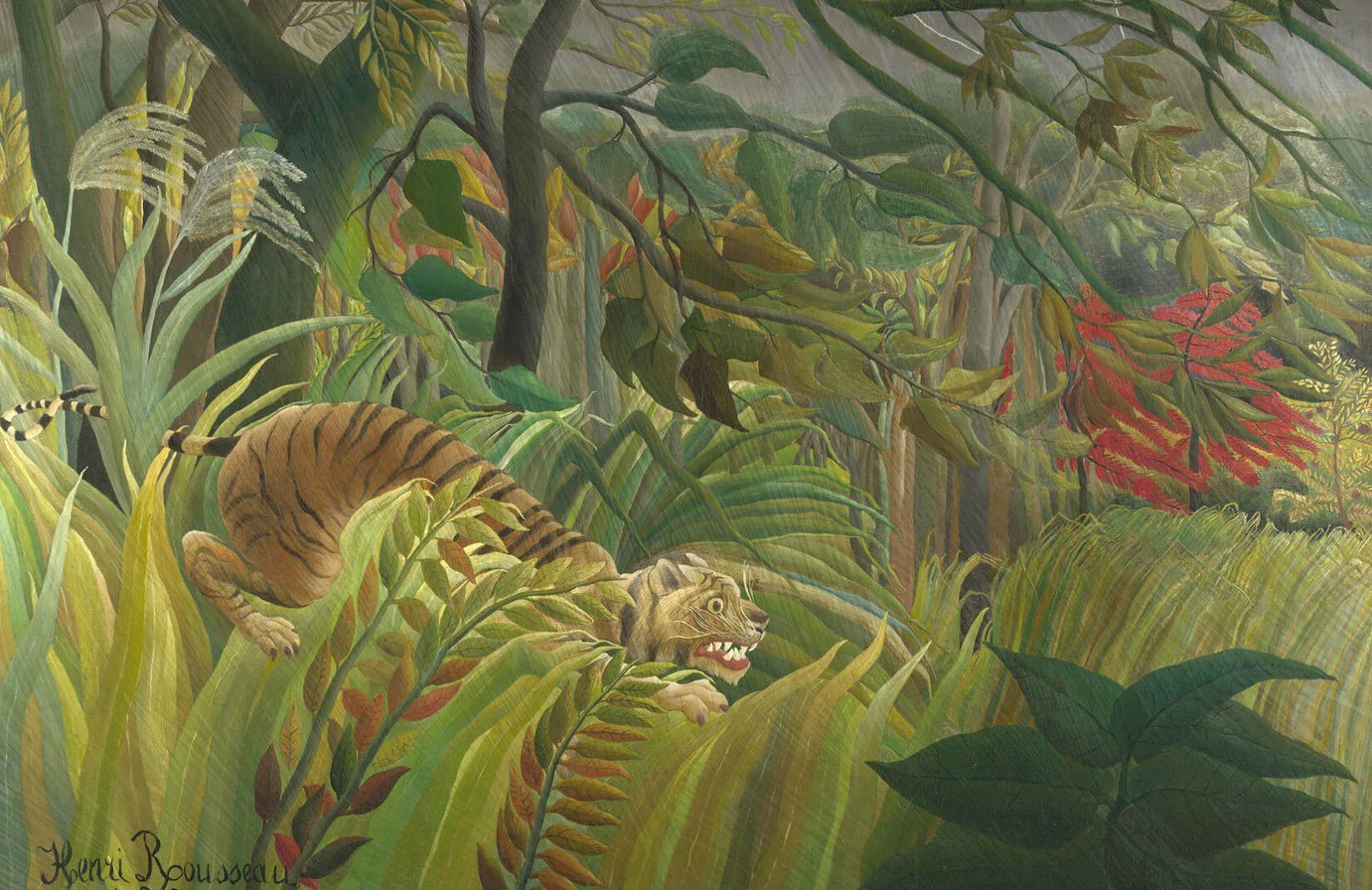 1640x1064 Tiger In A Tropical Storm Wallpaper Mural. Murals Wallpaper. Henri rousseau paintings, Tiger art, Naive art