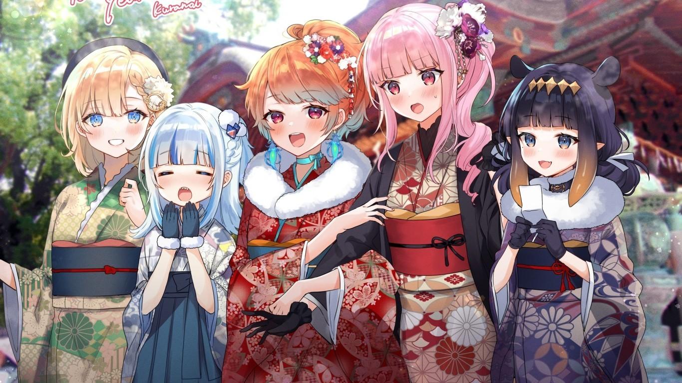 1366x768 Download 1366x768 Gawr Gura, Amelia Watson, Mori Calliope, Ninomae Inanis, Hololive, Virtual Youtuber Wallpaper for Laptop, Notebook