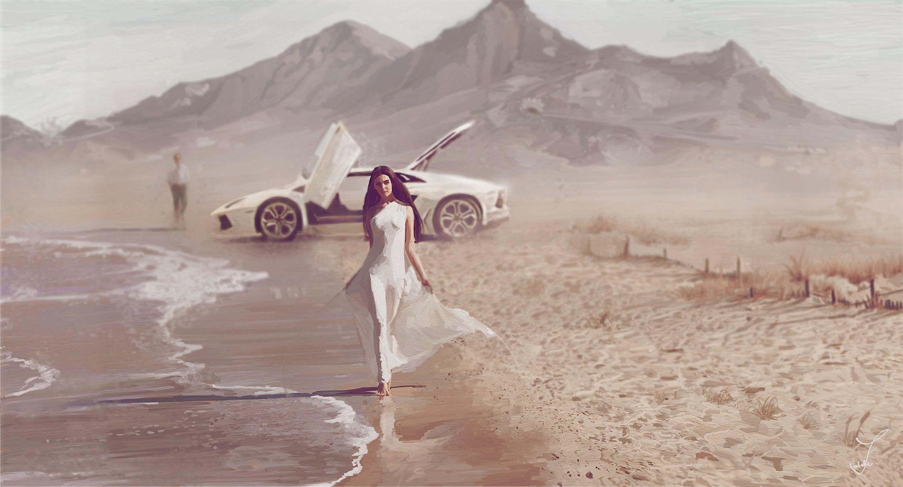 3000x1617 art, Sea, Coast, Girl, Car, Mood, Beach, Lamborghini, Supercar, Brunette Wallpaper HD / Desktop and Mobile Background
