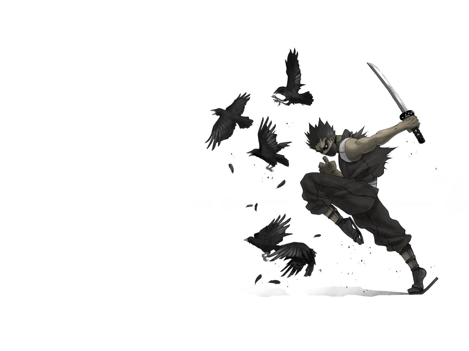 1600x1200 ravens swords asian oriental anime original art crow weapons swords katana mask feathers boy men males wallpaperx1200