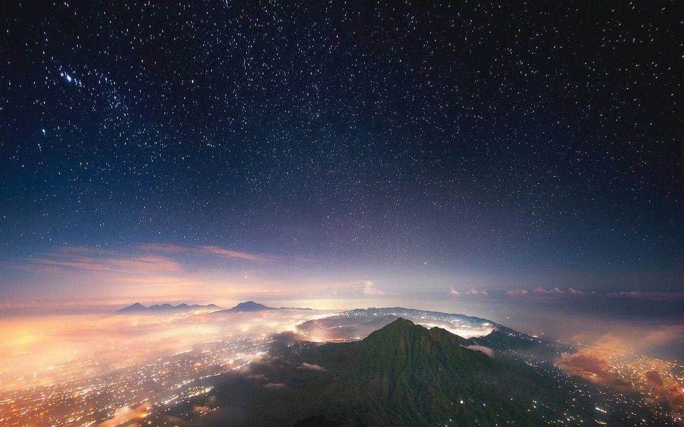 1400x875 landscape, #nature, #starry night, #mist, #city, #lights, #crater