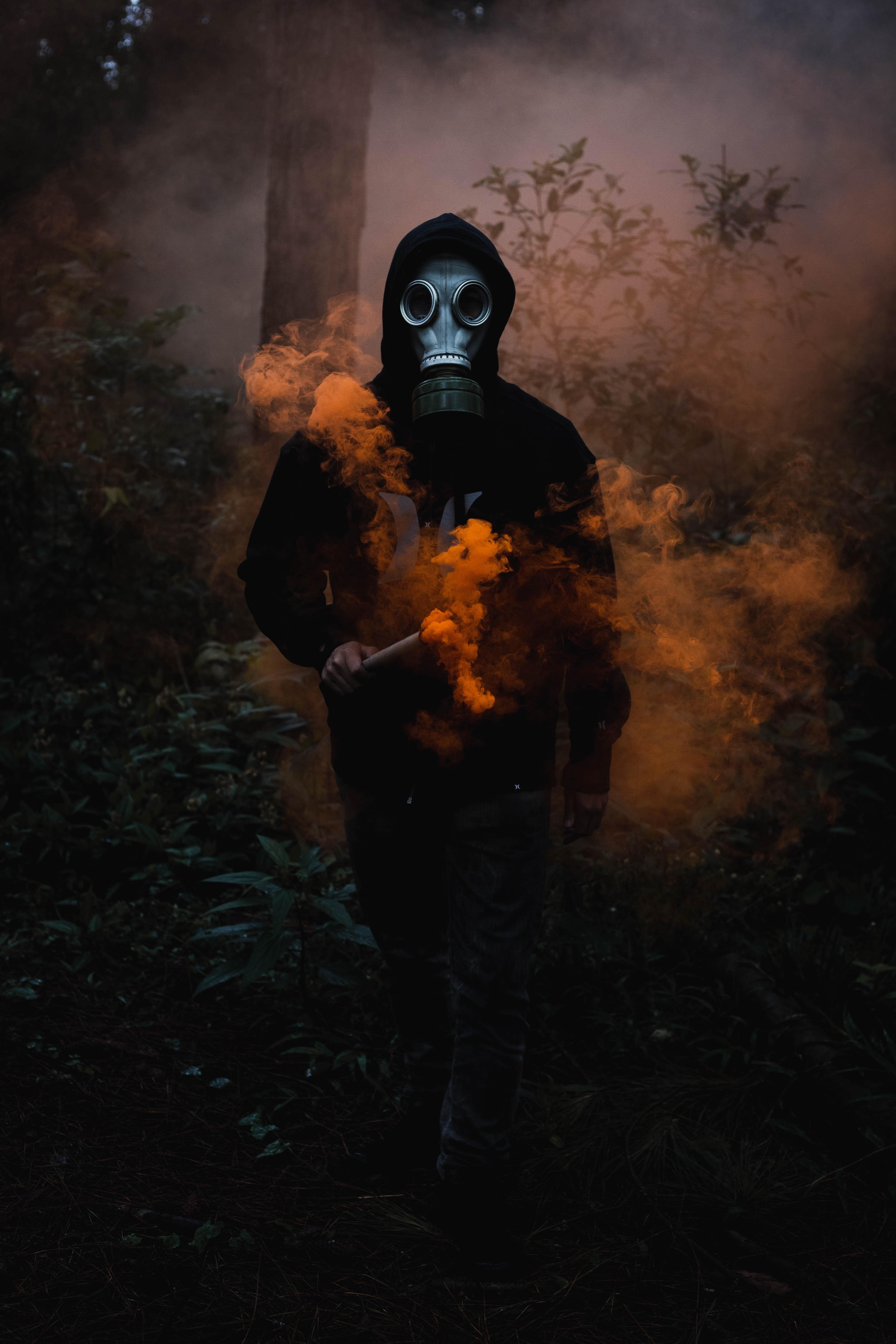3803x5704 Man in Mask Wallpaper 4K, Black Jacket, Smoke can, Dark Background, Photography