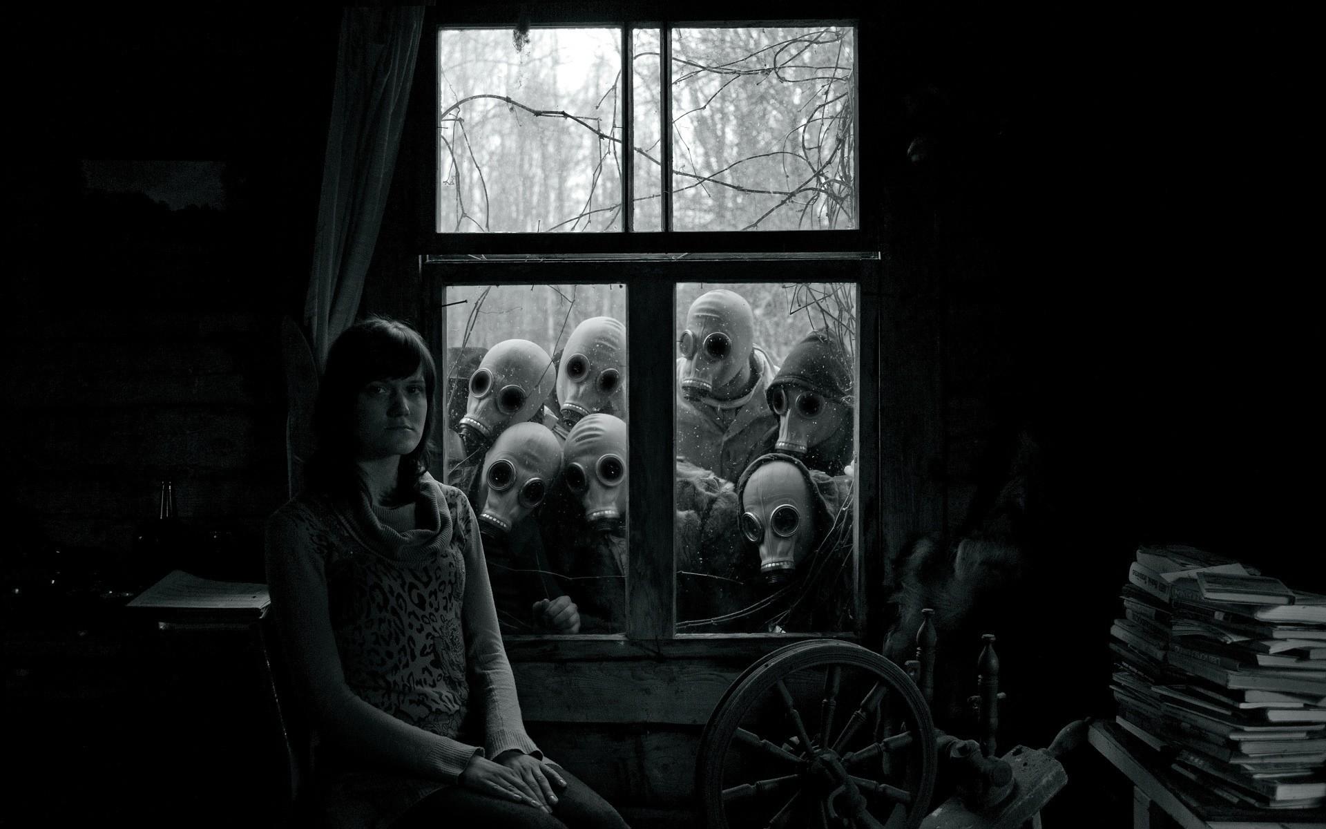 1920x1200 horror, creepy, dark, gas masks, grayscale, masks wallpaper