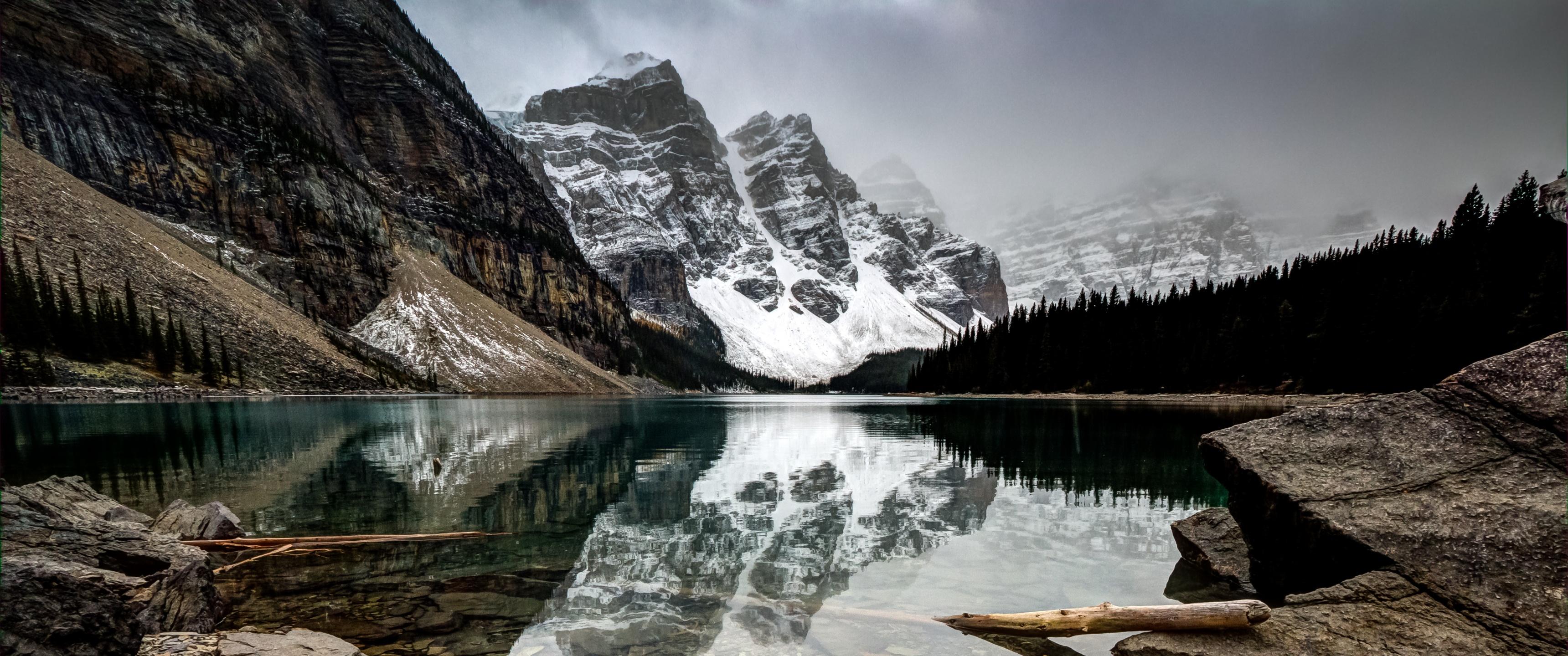 3440x1440 Moraine Lake Wallpaper 4K, Canada, Reflection, Landscape, Snow covered, Nature