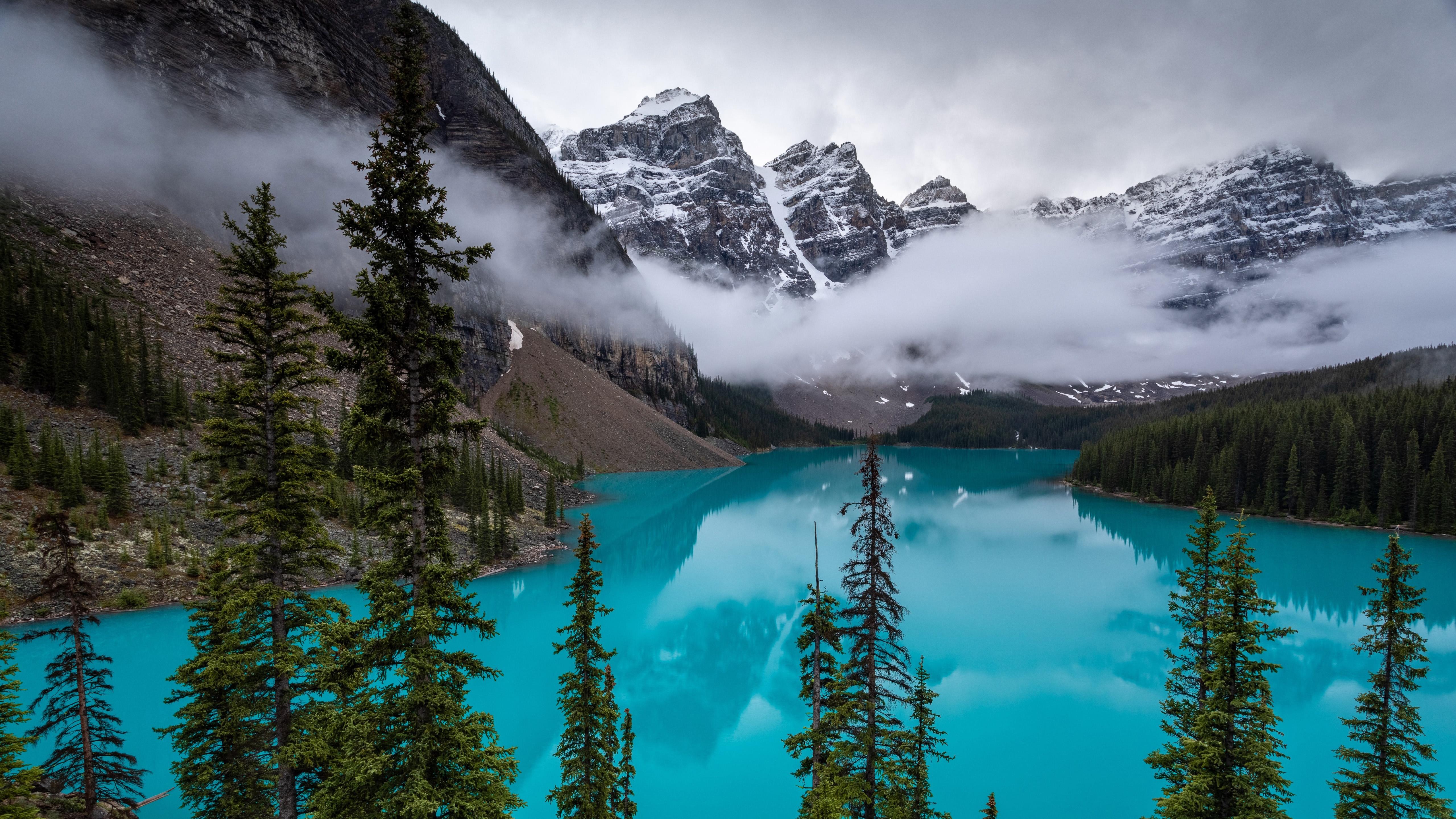 5120x2880 Moraine lake in Canada with fog Wallpaper 5k Ultra HD