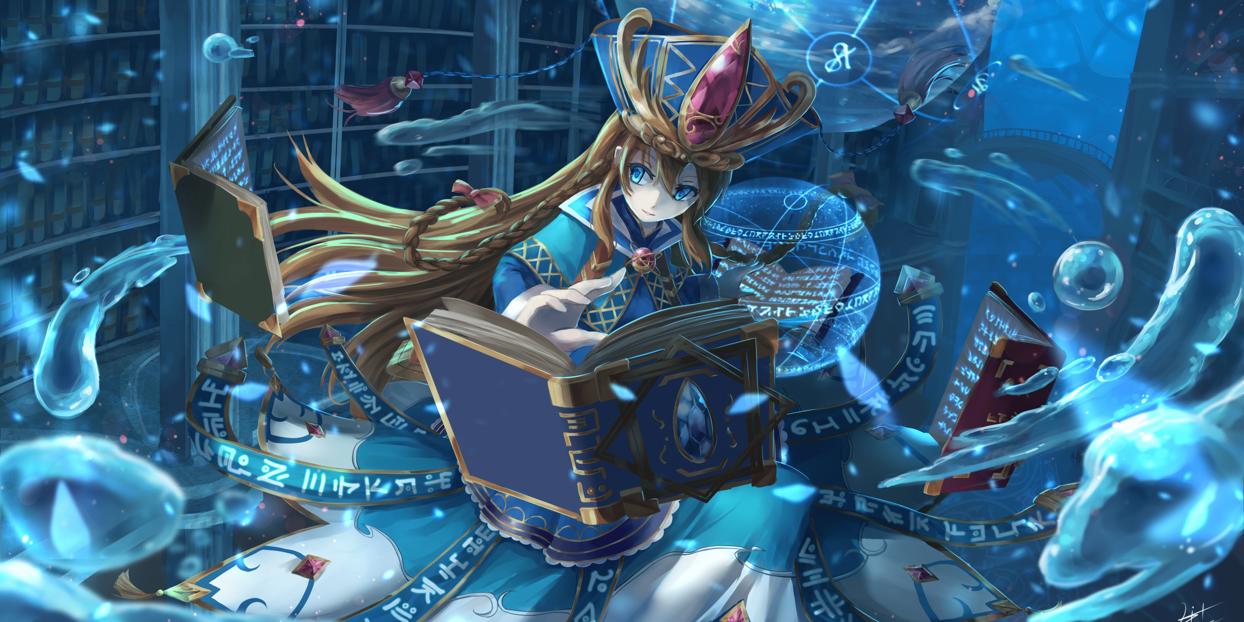 4096x2048 Download 4096x2048 Brave Frontier, Magic, Library, Water Drops, Dress, Anime Style Games Wallpaper