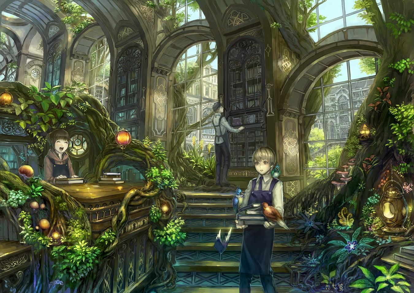 1350x955 #library, #books, #birds, #magic, #trees, wallpaper. Mocah HD Wallpaper