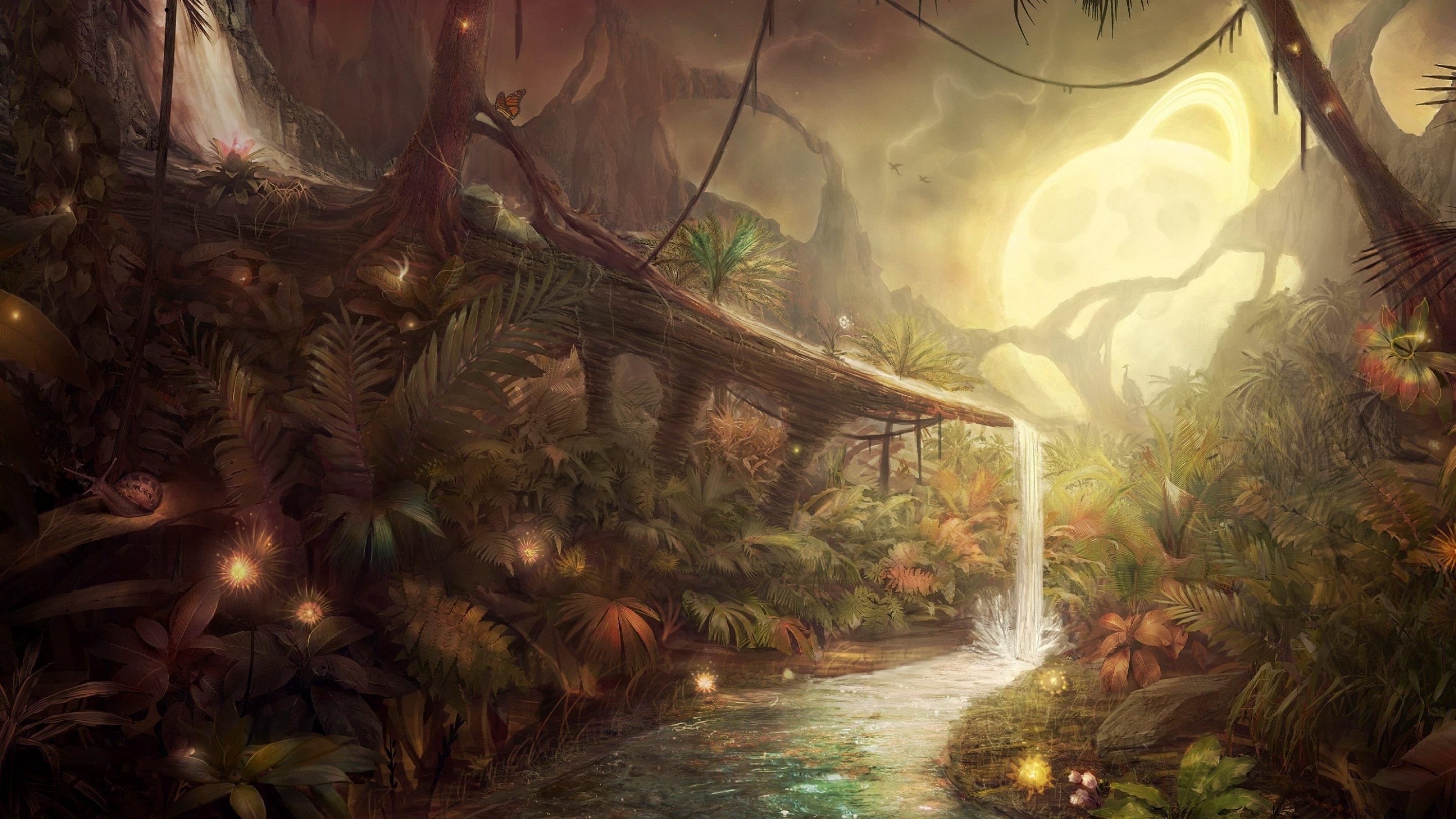 2880x1620 artwork, Fantasy, Magical, Art, Forest, Tree, Landscape, Nature, Waterfall Wallpaper HD / Desktop and Mobile Background