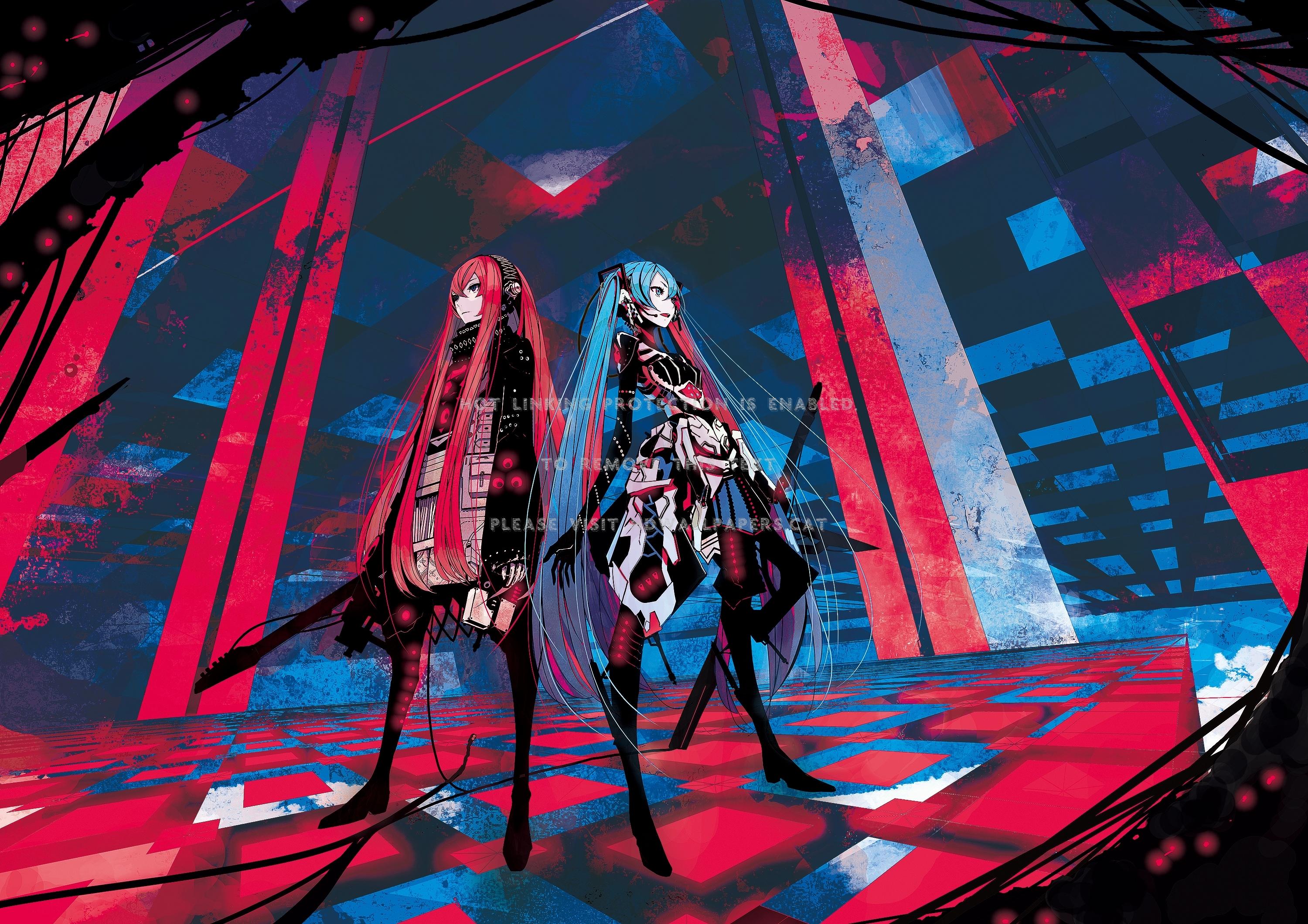 3000x2121 miku luka anime vocaloid blue red