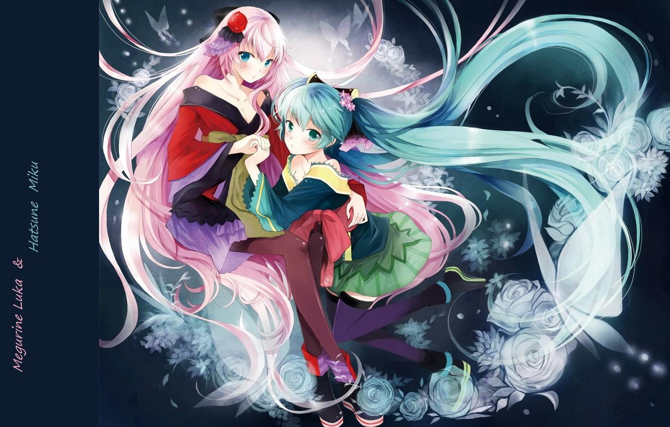 1332x850 Wallpaper butterfly, stockings, neckline, kimono, vocaloid, Hatsune Miku, long hair, friend, pink hair, Megurine Luka, blue roses, the vocaloids image for desktop, section прочее