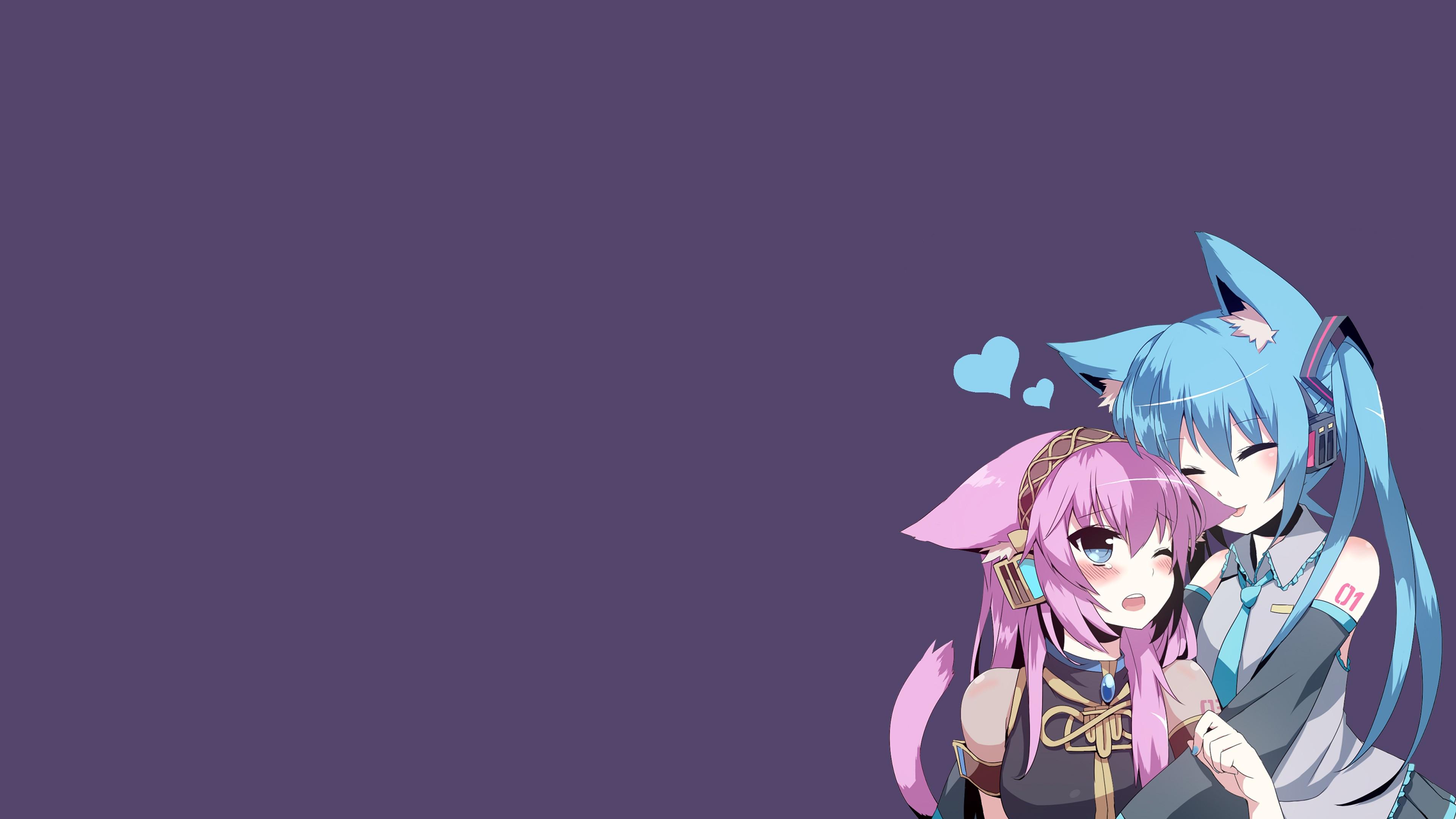 3840x2160 #tail, #Vocaloid, #Hatsune Miku, #anime girls, #animal ears, #anime, #simple background, #headphones, #blushing, #Megurine Luka, #nekomimi, wallpaper. Mocah HD Wallpaper