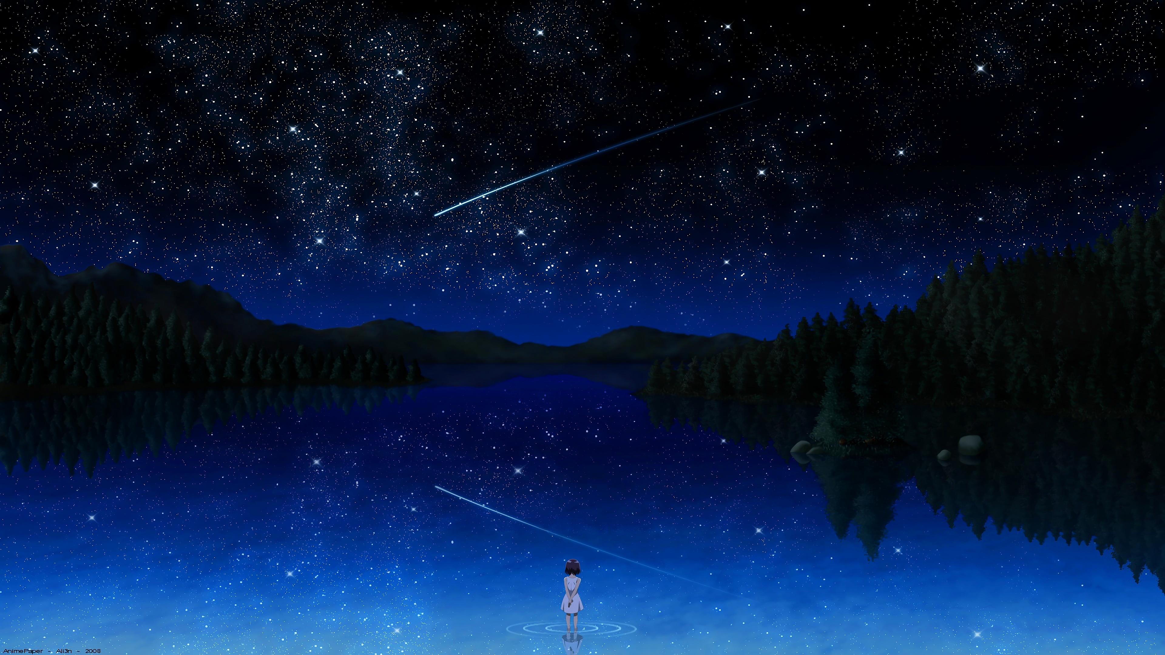 3840x2160 Anime, Night, Sky, Stars, Lake, Landscape, Scenery, 4K wallpaper. Mocah HD Wallpaper