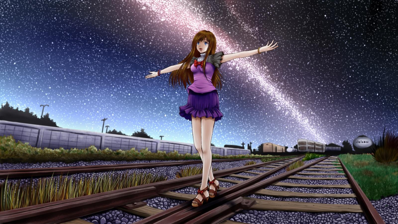 1600x900 Night Stars Anime Wallpaper