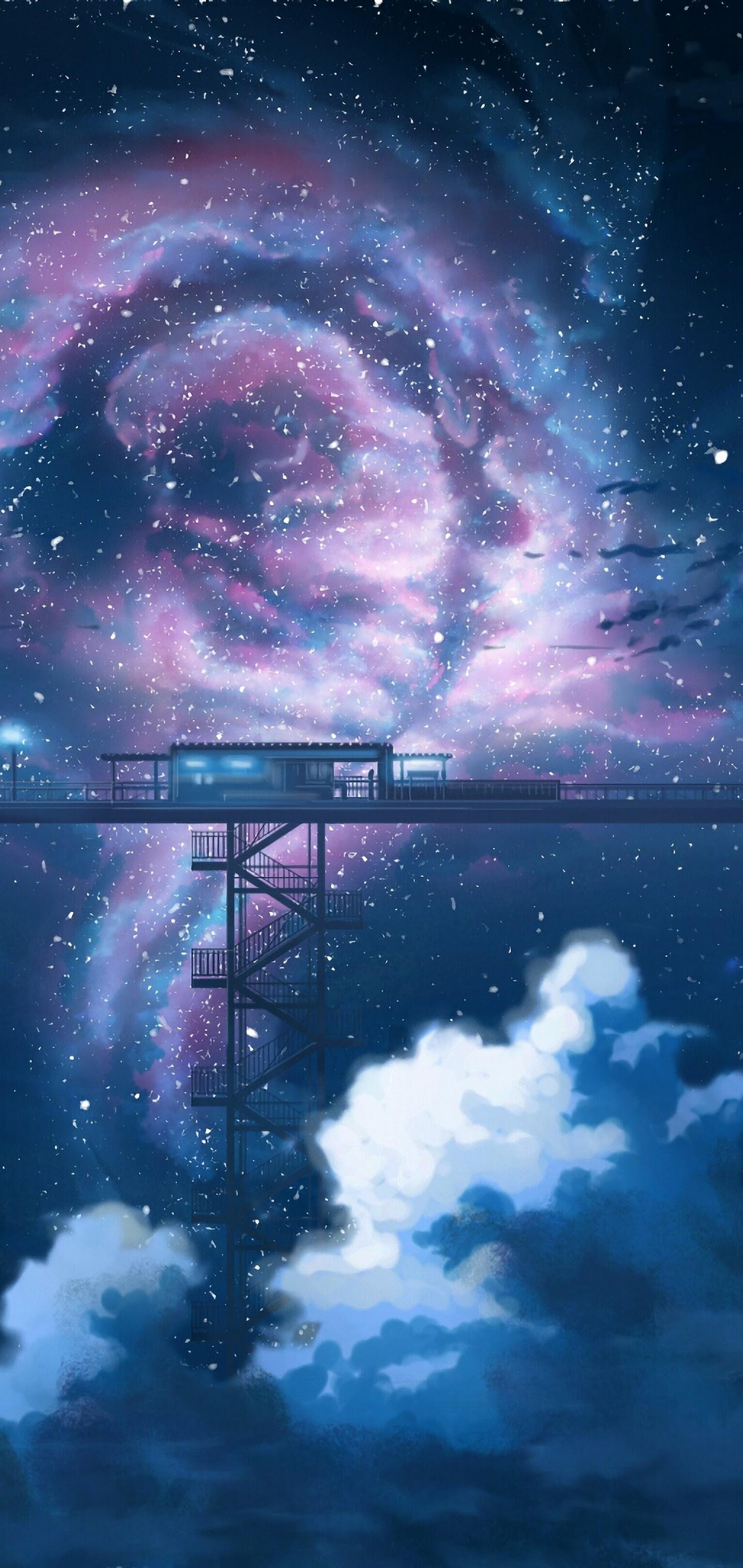 1440x3040 Anime Night Sky Stars Clouds Scenery 4K Wallpaper
