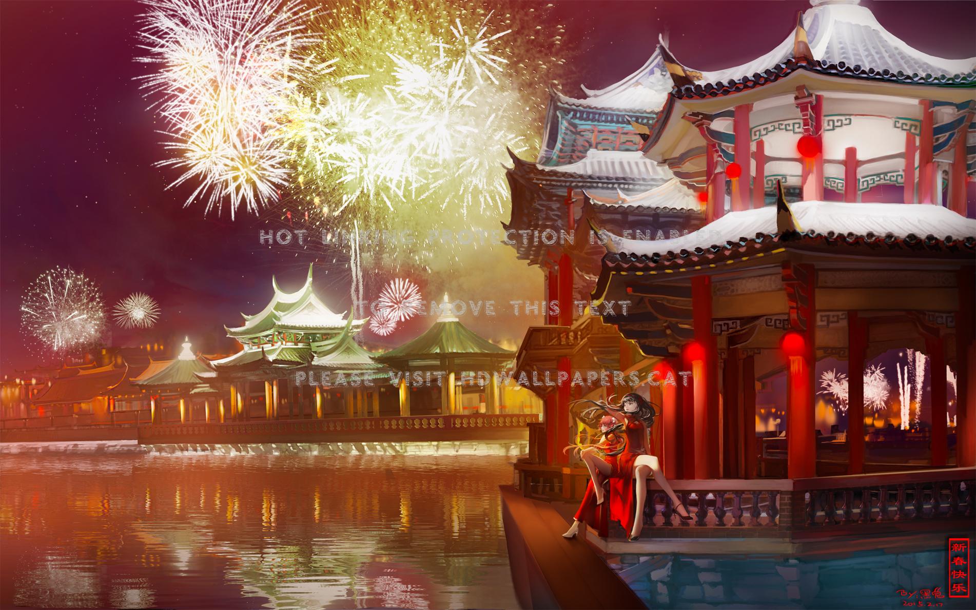 1902x1190 happy new year chinese light building anime