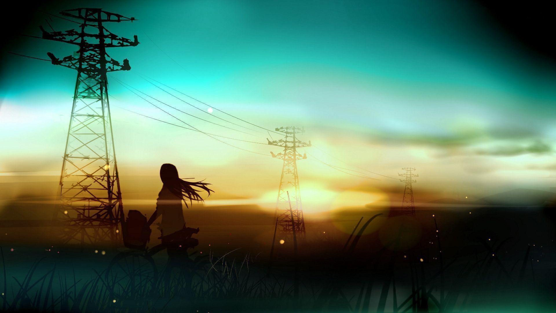 1920x1080 power lines, #sunset, #artwork, #anime, #anime girls, #bicycle, #utility pole, #fantasy art, #s. Sunset wallpaper, Beautiful girl wallpaper, Relaxing music sleep