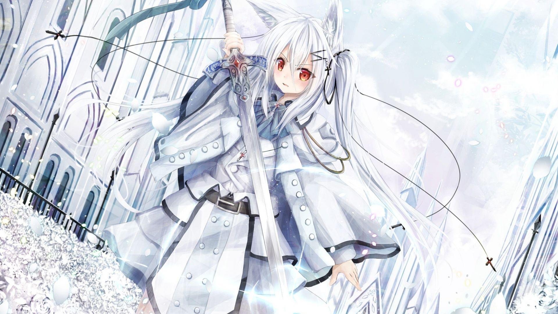 1920x1080 Desktop wallpaper warrior, anime girl, white hair, HD image, picture, background, ba7eb0