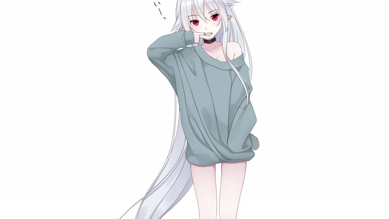 1280x720 Desktop Wallpaper Original, Finger In Mouth, White Hair Anime Girl, HD Image, Picture, Background, F45a19