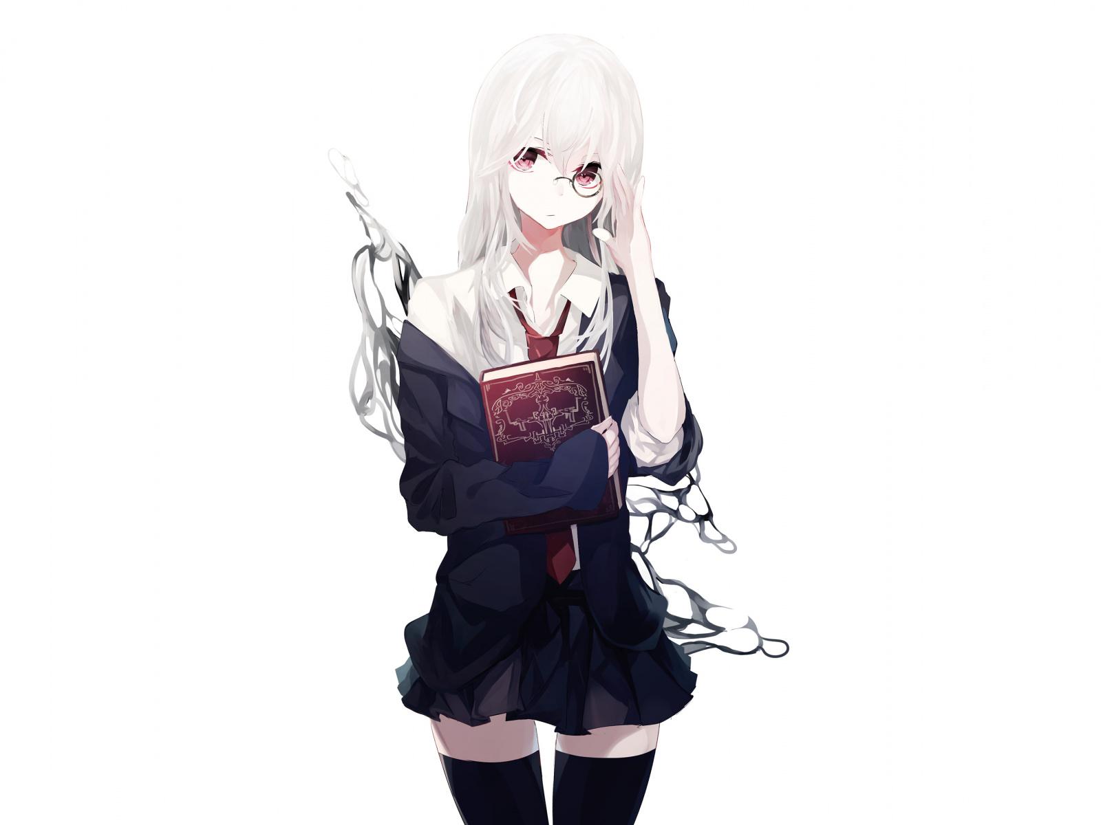 1600x1200 White Hair, Anime Girl, Minimal, Magic Book, Wallpaper