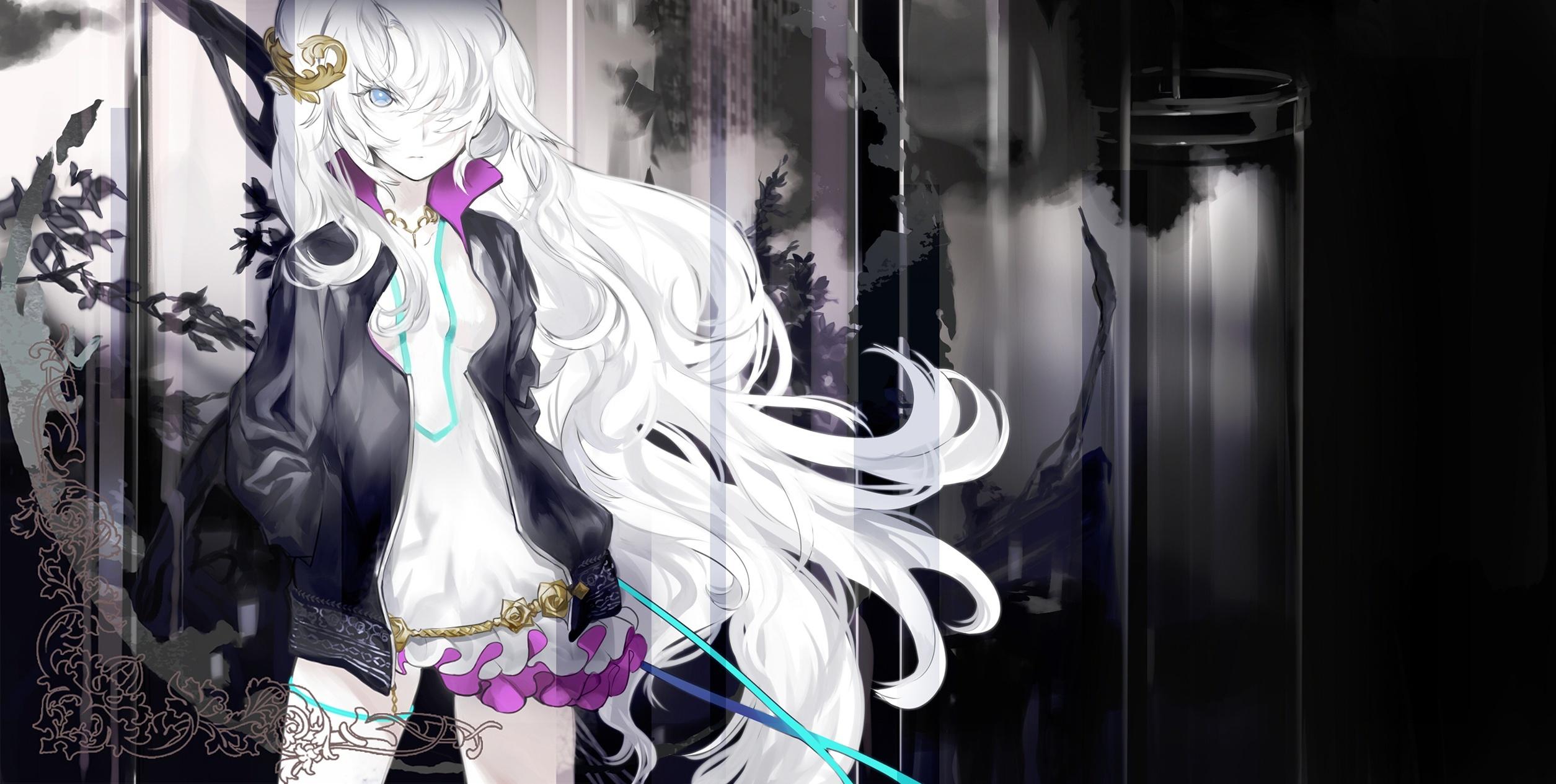2510x1265 Wallpaper Monochrome, Anime Girl, White Hair, Vocaloid:2510x1265