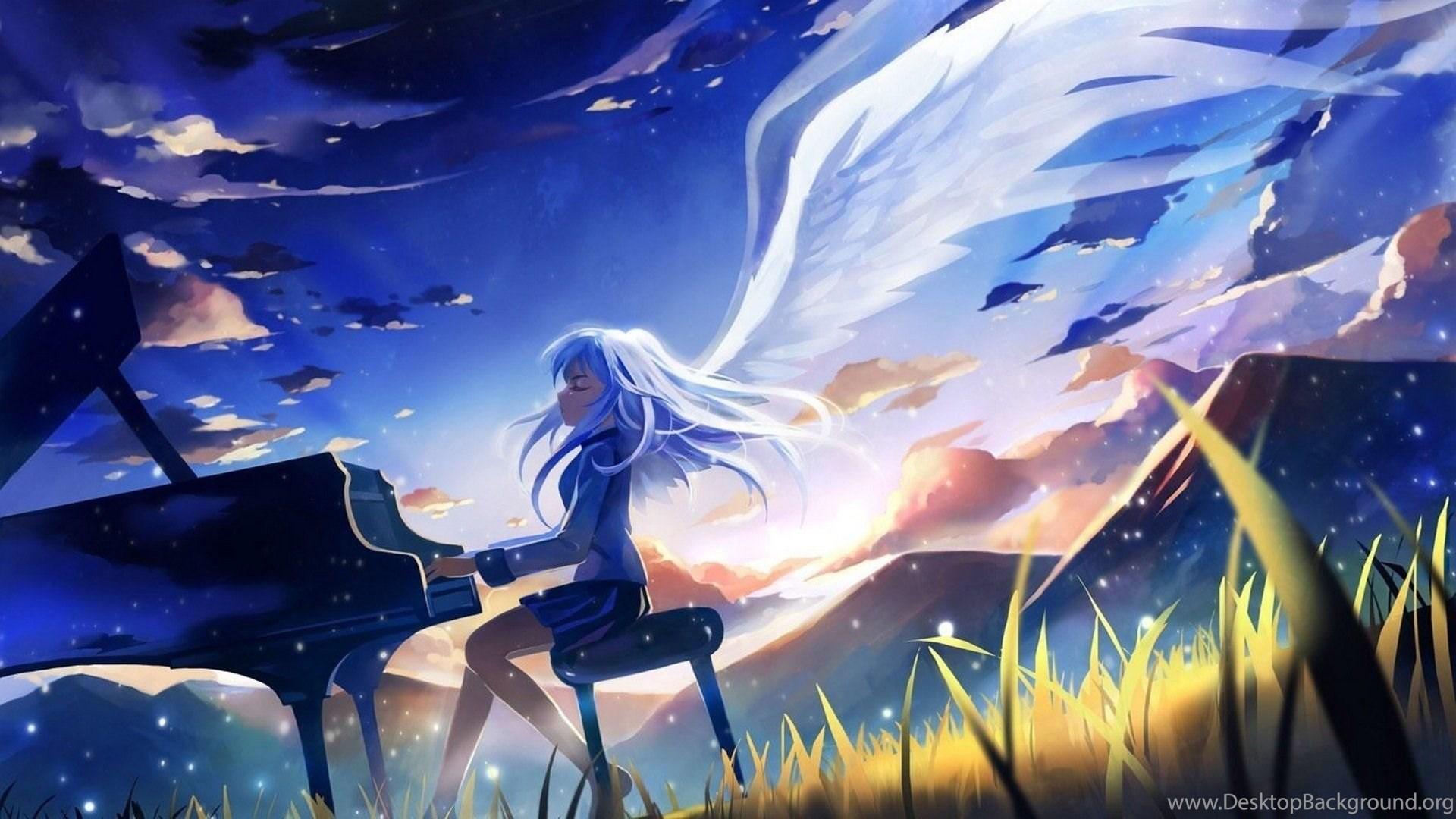 1920x1080 Anime Girl Angel White Hair Play Piano Wallpaper Desktop Background