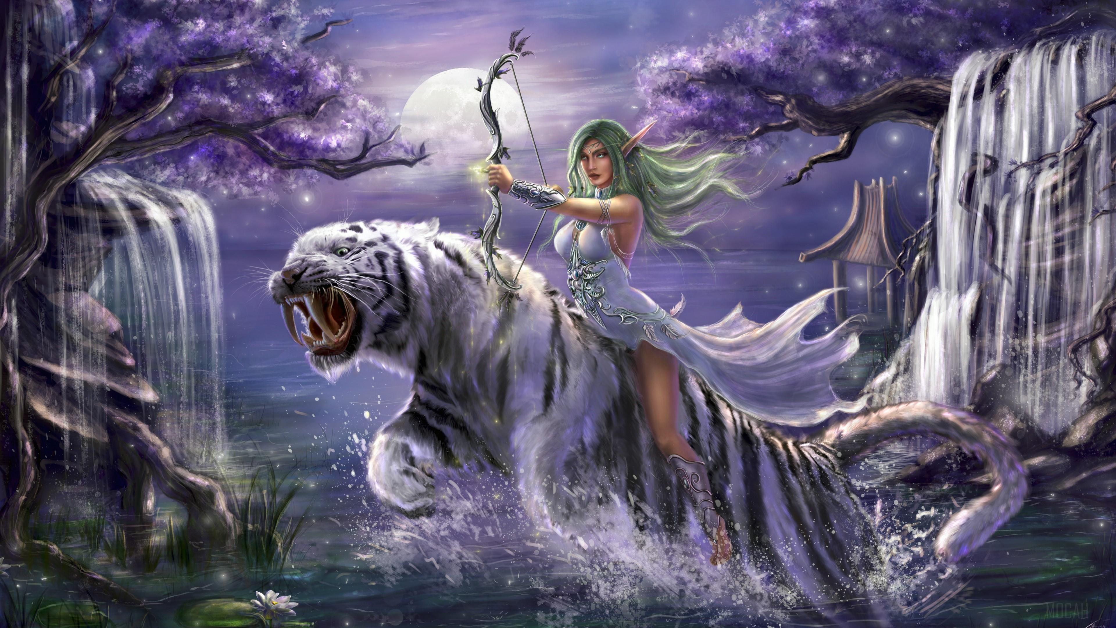 3840x2160 Blue Eyes, Bow, Elf, Green Hair, Pointed Ears, Tiger, Tyrande Whisperwind, White Tiger, Woman Warrior, World of Warcraft 4k wallpaper. Mocah HD Wallpaper