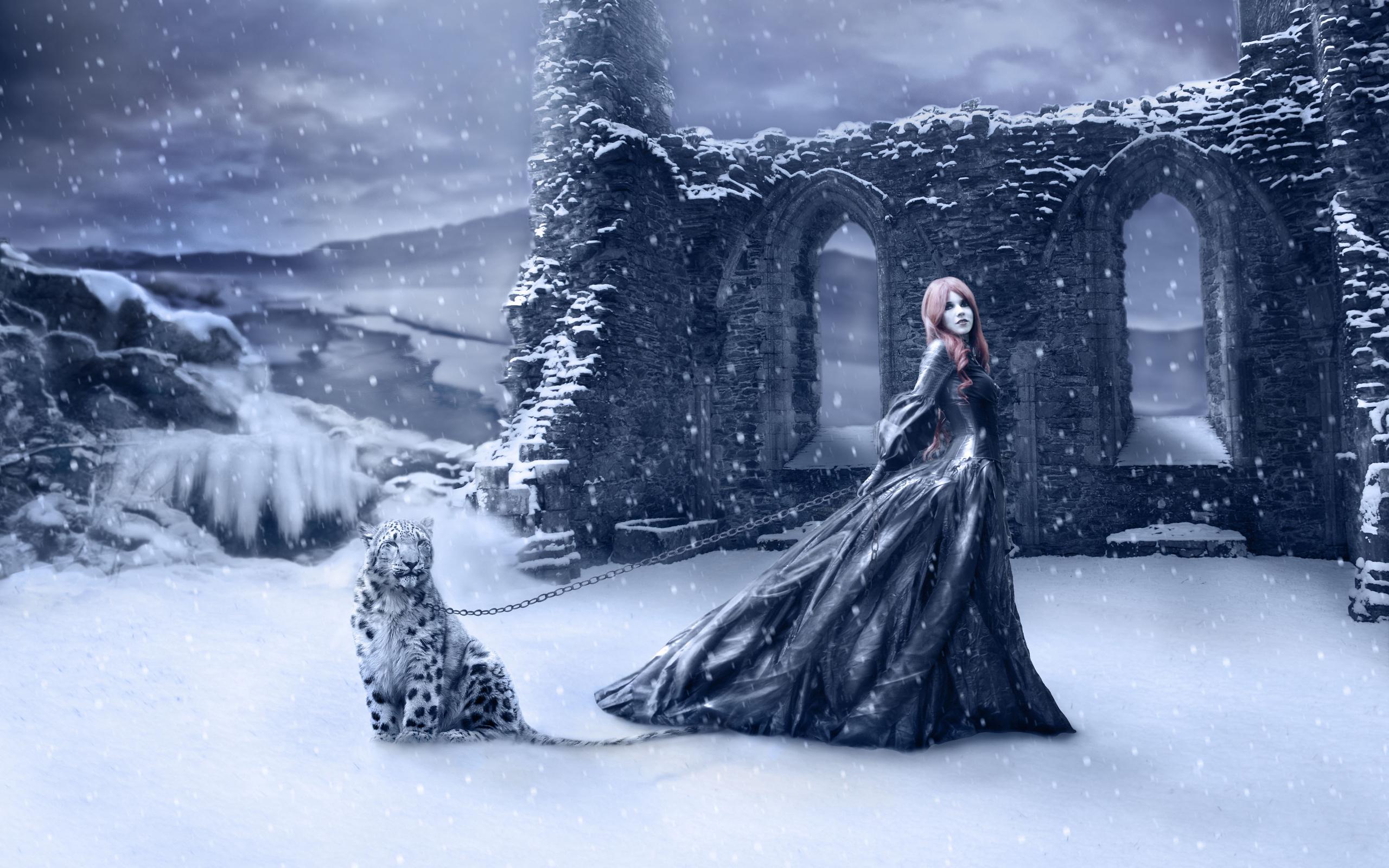 2560x1600 Picture leopard Gothic Fantasy Winter female Fantasy 2560x1600