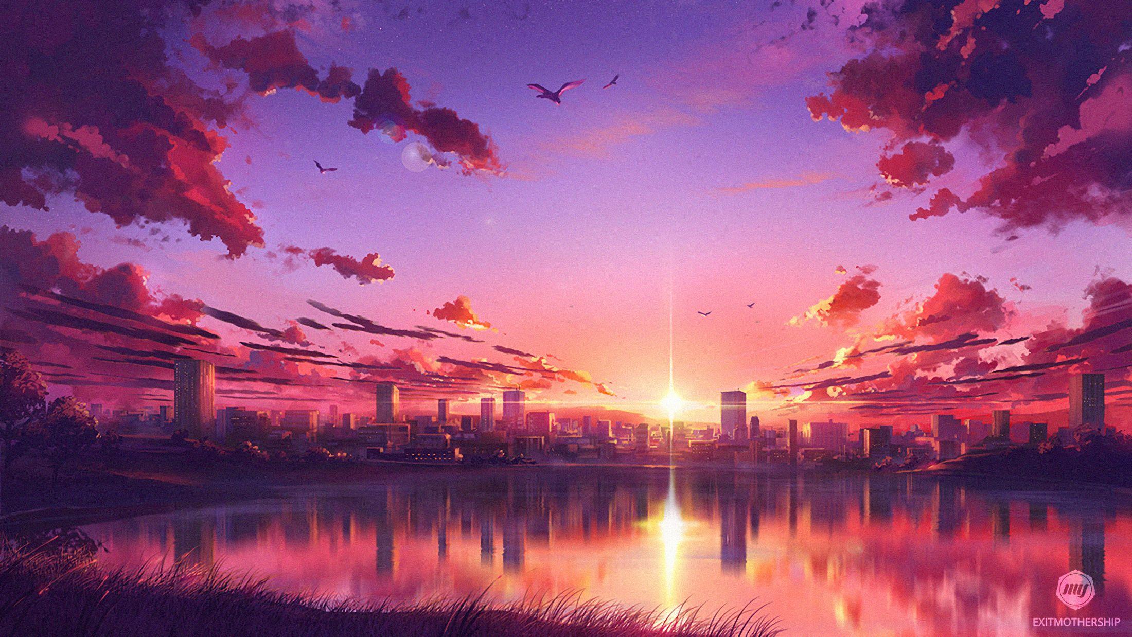 2200x1238 Aesthetic Anime Sunset Wallpaper