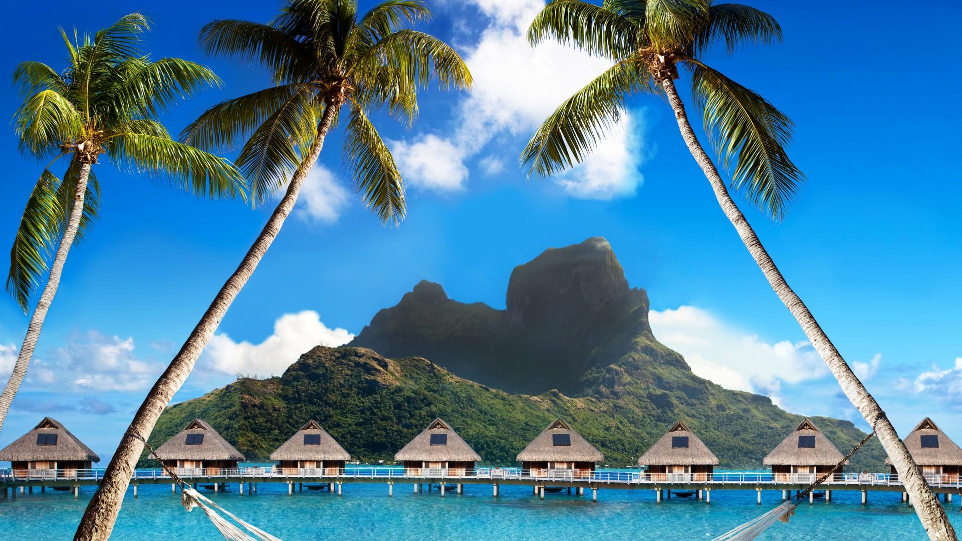 1920x1080 Wallpaper Bora Bora, 5k, 4k wallpaper, French Polynesia, Best beaches of Best Hotels of ocean, palm trees, mountains, beach, vacation, rest, travel, booking, palm trees, hammock, OS
