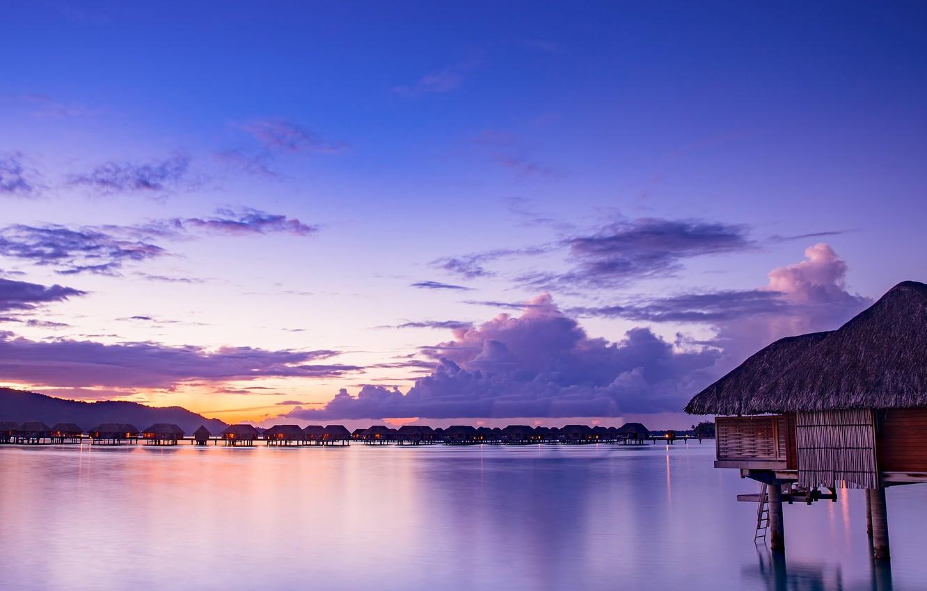 1332x850 Wallpaper sea, the sky, clouds, sunset, lights, tropics, shore, island, the evening, Bora Bora, Bungalow, French Polynesia image for desktop, section пейзажи