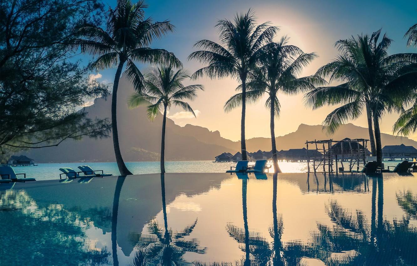 1332x850 Wallpaper sea, palm trees, the evening, Bora Bora image for desktop, section природа