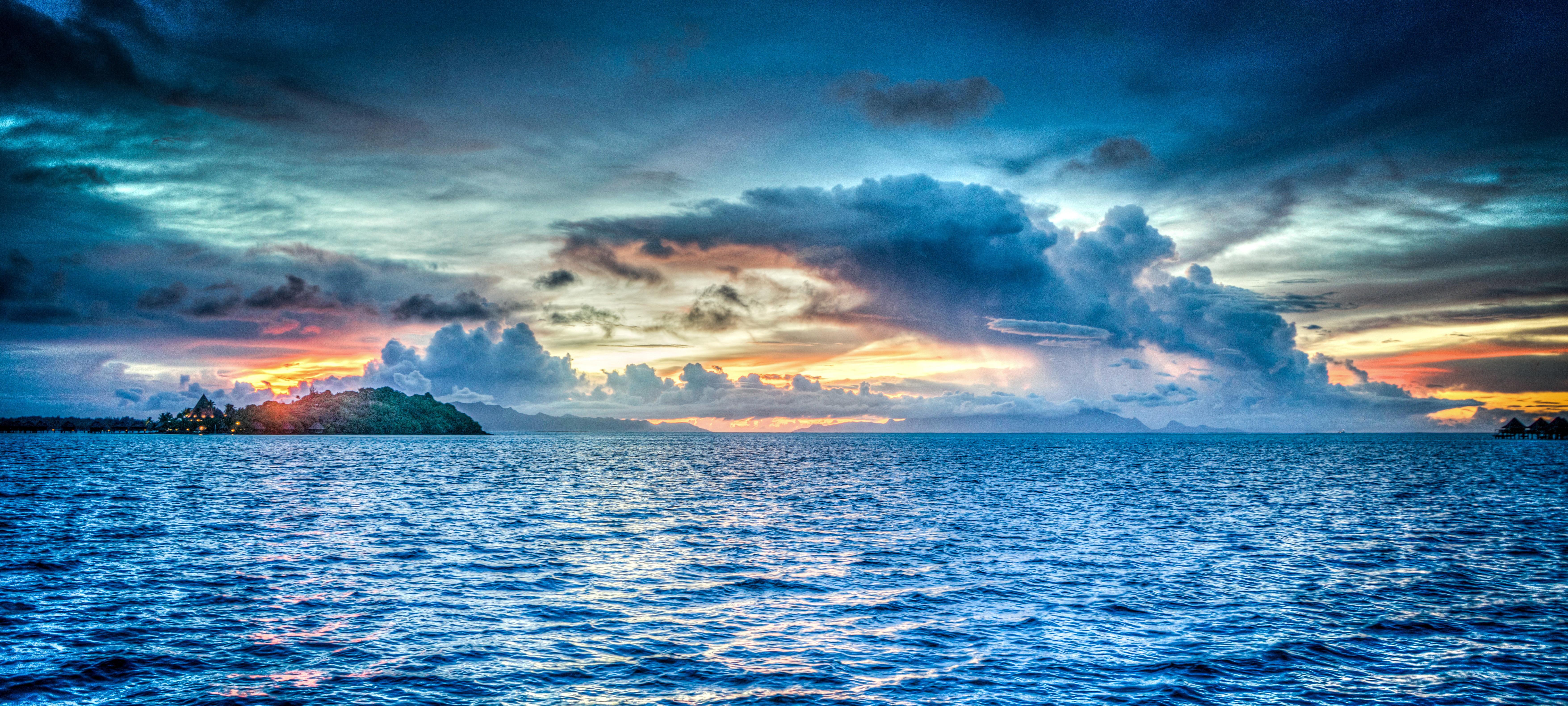 7020x3163 Bora Bora French Polynesia Sunset Ocean Pacific, HD Nature, 4k Wallpaper, Image, Background, Photo and Picture