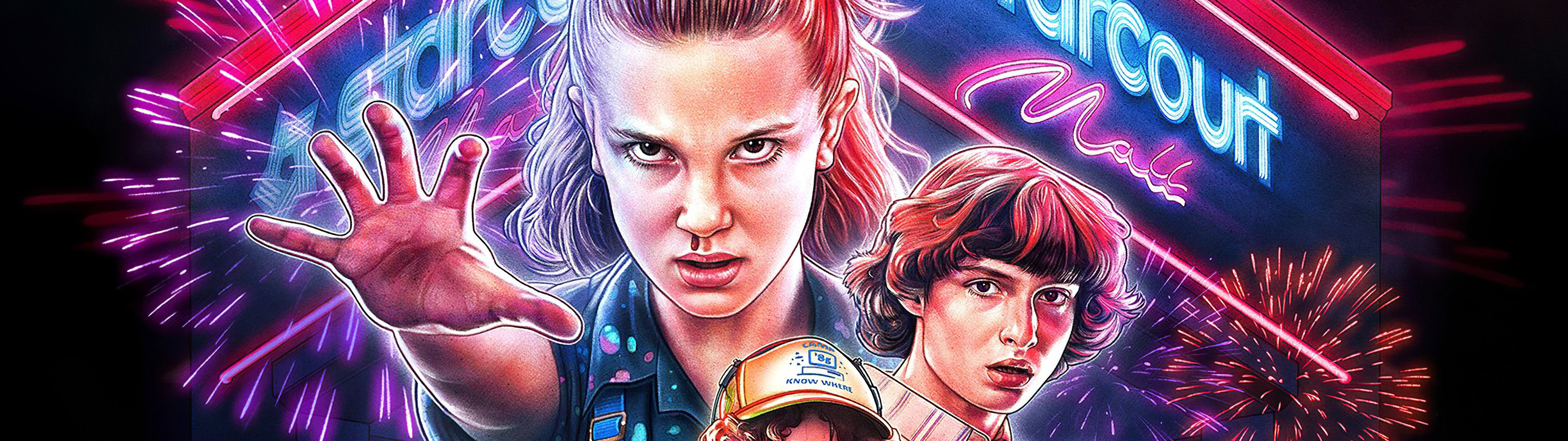 7680x2160 Stranger Things Season 3 Poster Characters 8K Wallpaper