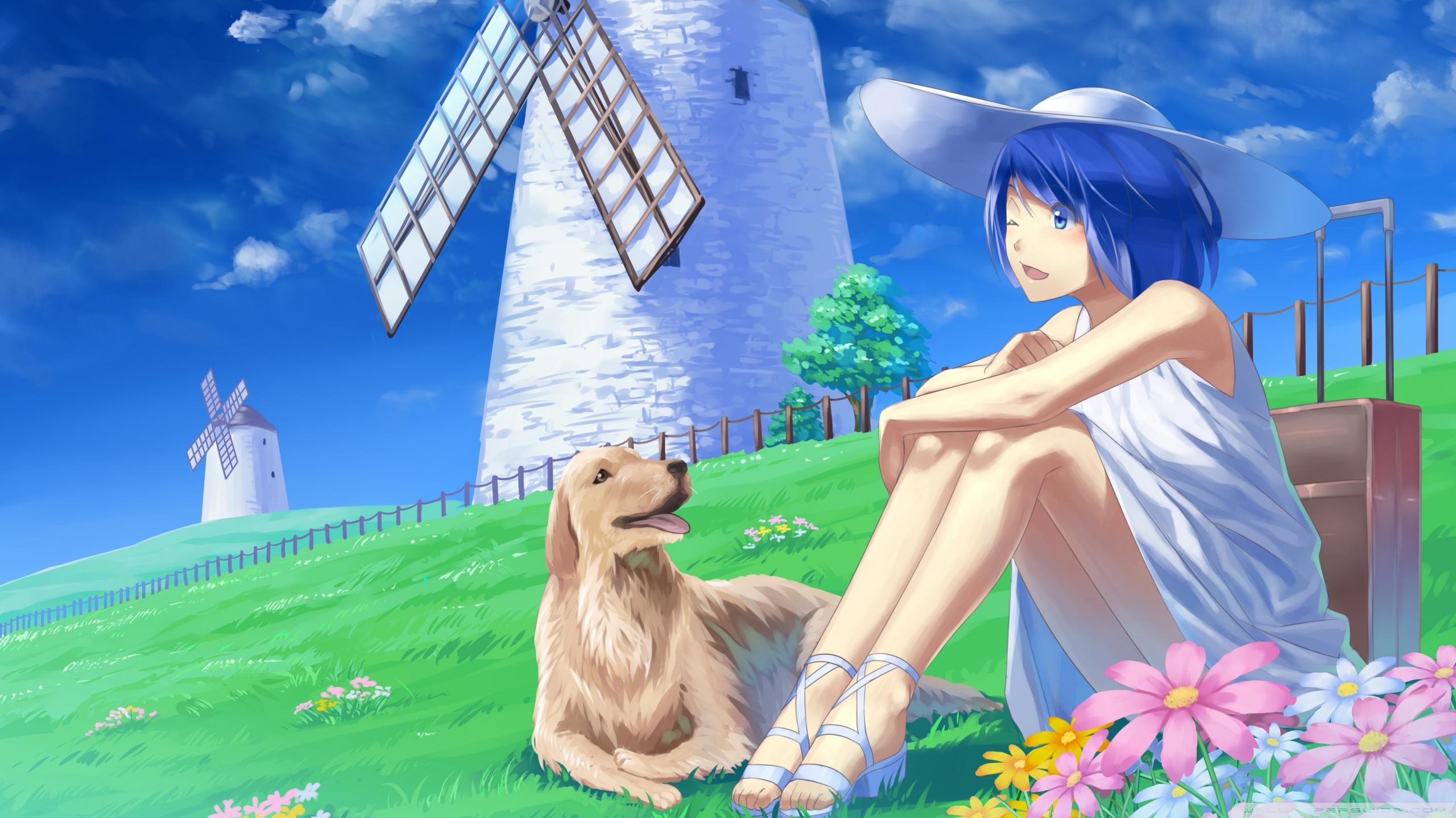 2560x1440 pet dog wallpaper, anime, animated cartoon, sky, cg artwork, fictional character, plant, illustration