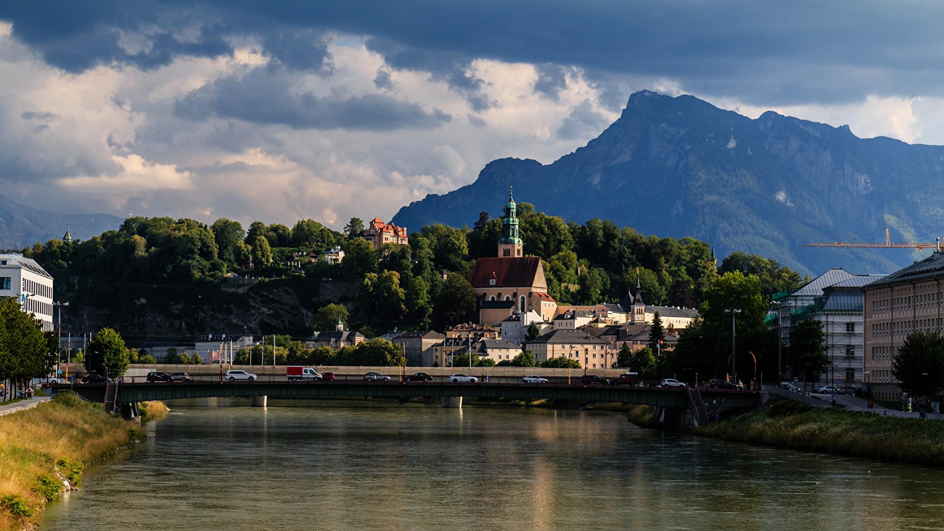 1920x1080 Wallpaper Salzburg Austria bridge Mountains river Cities 1920x1080