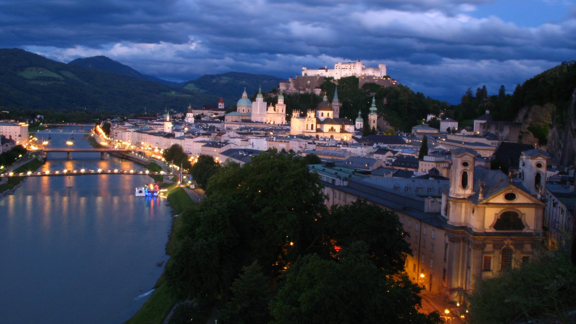 1920x1080 Night street in Salzburg, Austria Desktop wallpaper 1920x1080