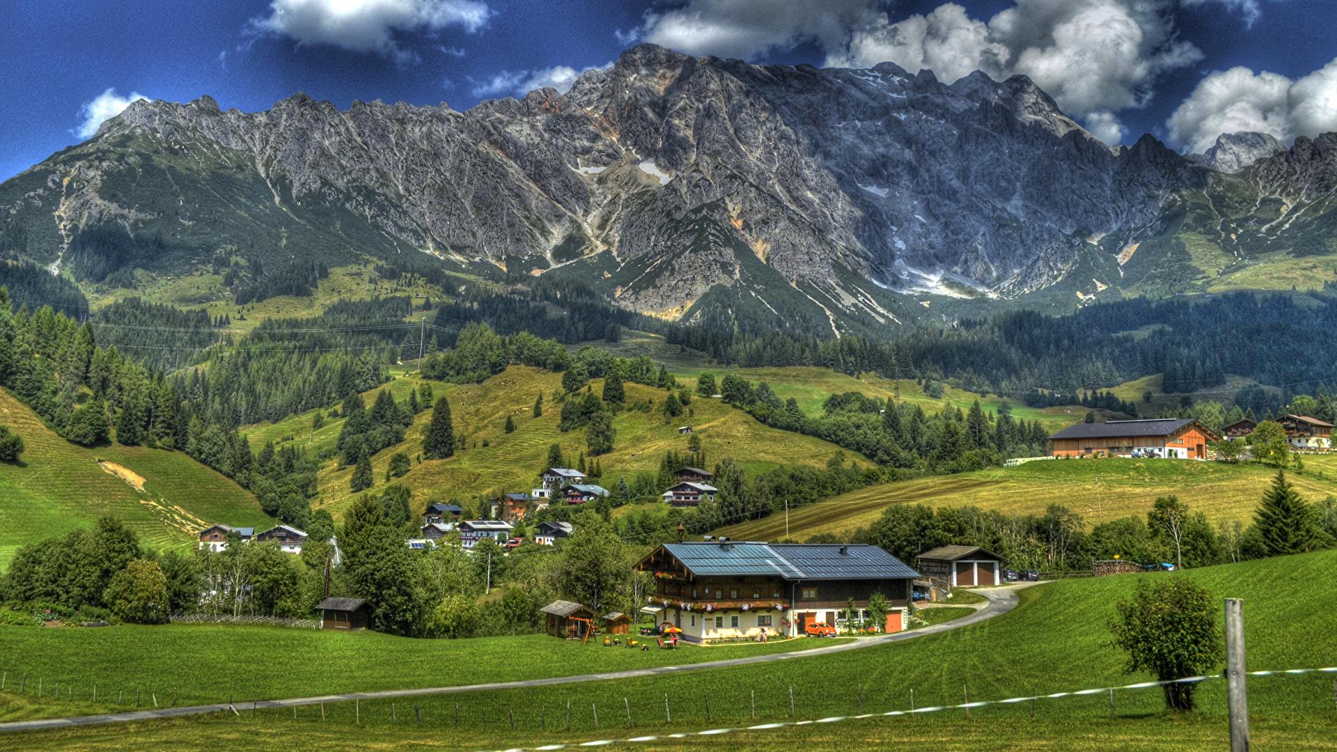 1920x1080 Image Salzburg Alps Austria HDR mountain Fields Houses 1920x1080