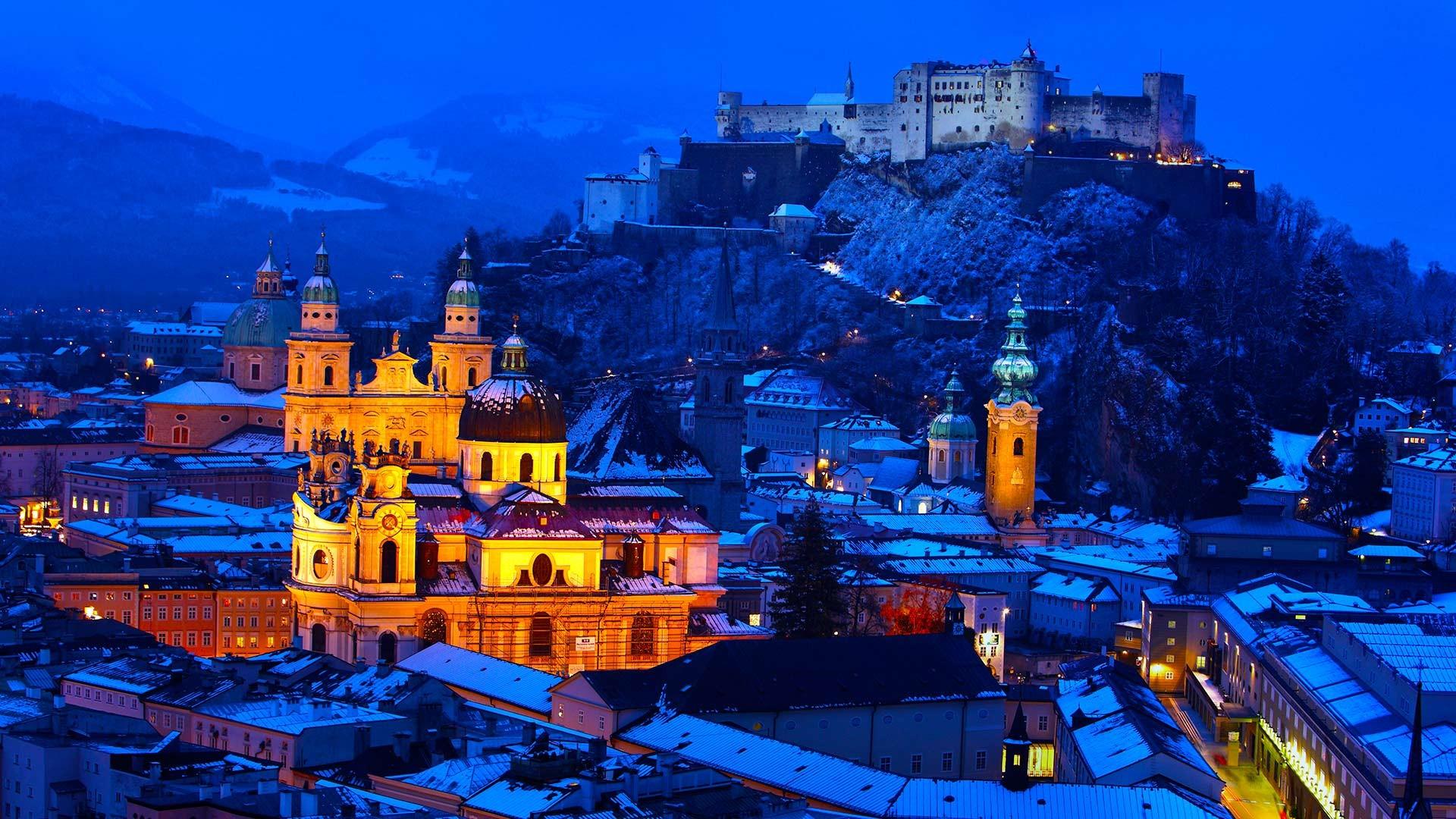 1920x1080 architecture, Building, Old building, Town, House, Salzburg, Austria, Winter, Snow, Evening, Lights, Church, Cathedral, Castle, Hill, Rock, Rooftops, Ancient Wallpaper HD / Desktop and Mobile Background