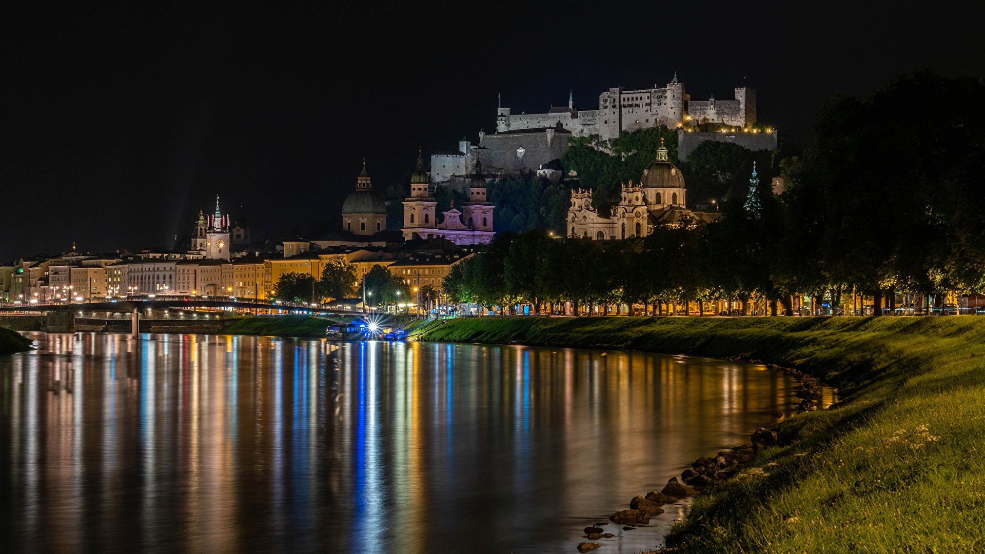 1920x1080 Picture Salzburg Austria Night Rivers Houses Cities 1920x1080