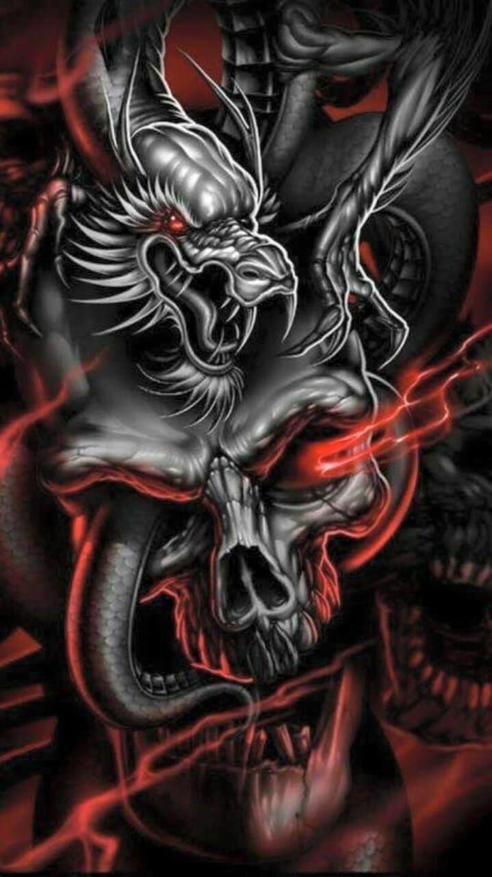 719x1280 Image discovered by Creative Your Design. Find image and videos about art, wallpaper and iphone on We Hea. Dragon tattoo with skull, Skull art drawing, Skull art