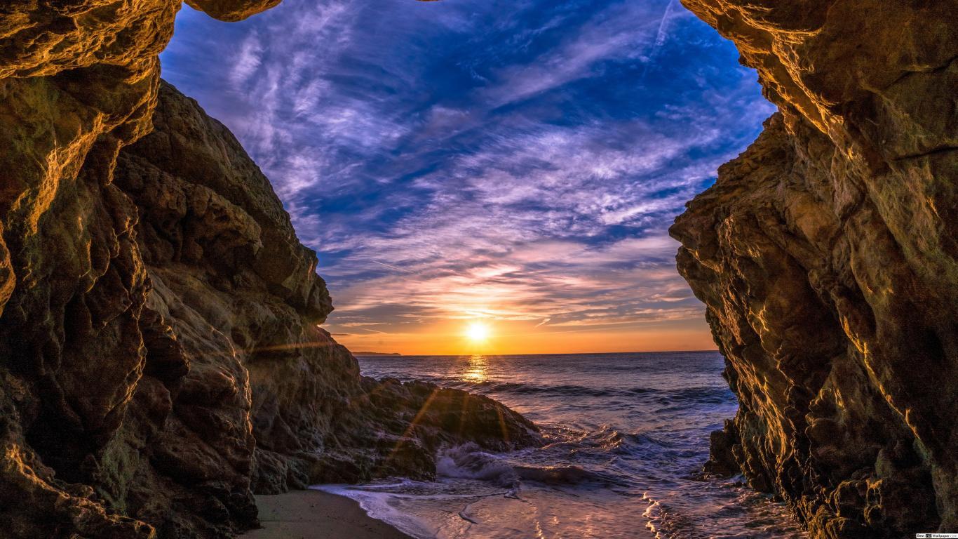 1366x768 Beach Cave in Malibu, California HD wallpaper download