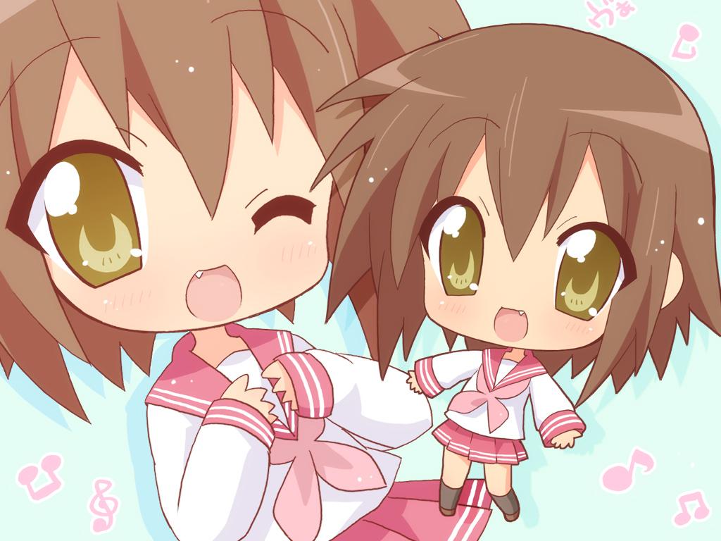 1024x768 blush brown hair chibi fang hahifuhe kusakabe misao lucky star school uniform wink. konachan.com.com Anime Wallpaper