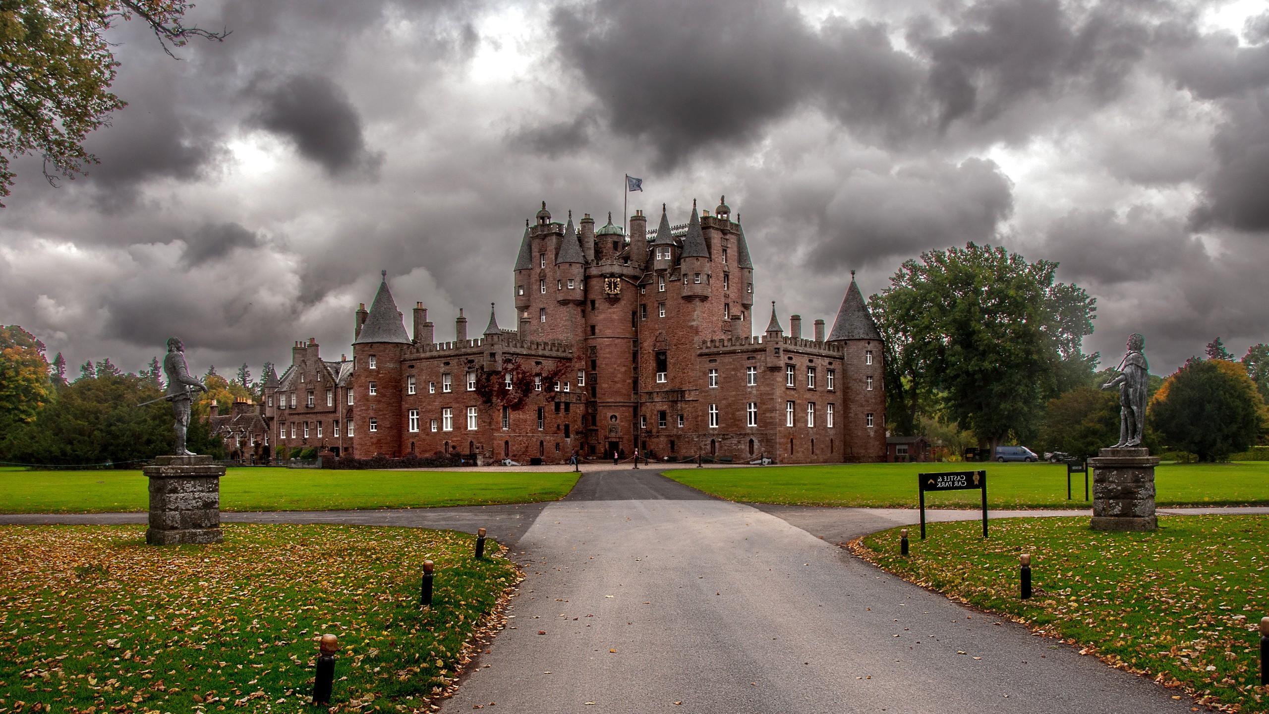 2560x1440 nature, Landscape, Architecture, Building, Old Building, Trees, Castle, Scotland, UK, Park, Grass, Leaves, Fall, Clouds, Road, Tower, Sculpture, Glamis Castle Wallpaper HD / Desktop and Mobile Background