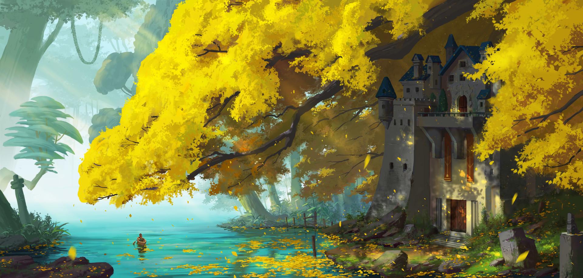 1920x918 #fall, #castle, #landscape, #Chen Chao, #trees, #men, #lake, wallpaper. Mocah HD Wallpaper
