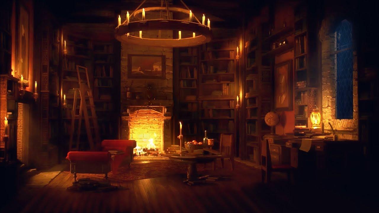 1280x720 Ancient Library Room Thunder & Rain Sounds, Crackling Fireplace for Sleeping for Study