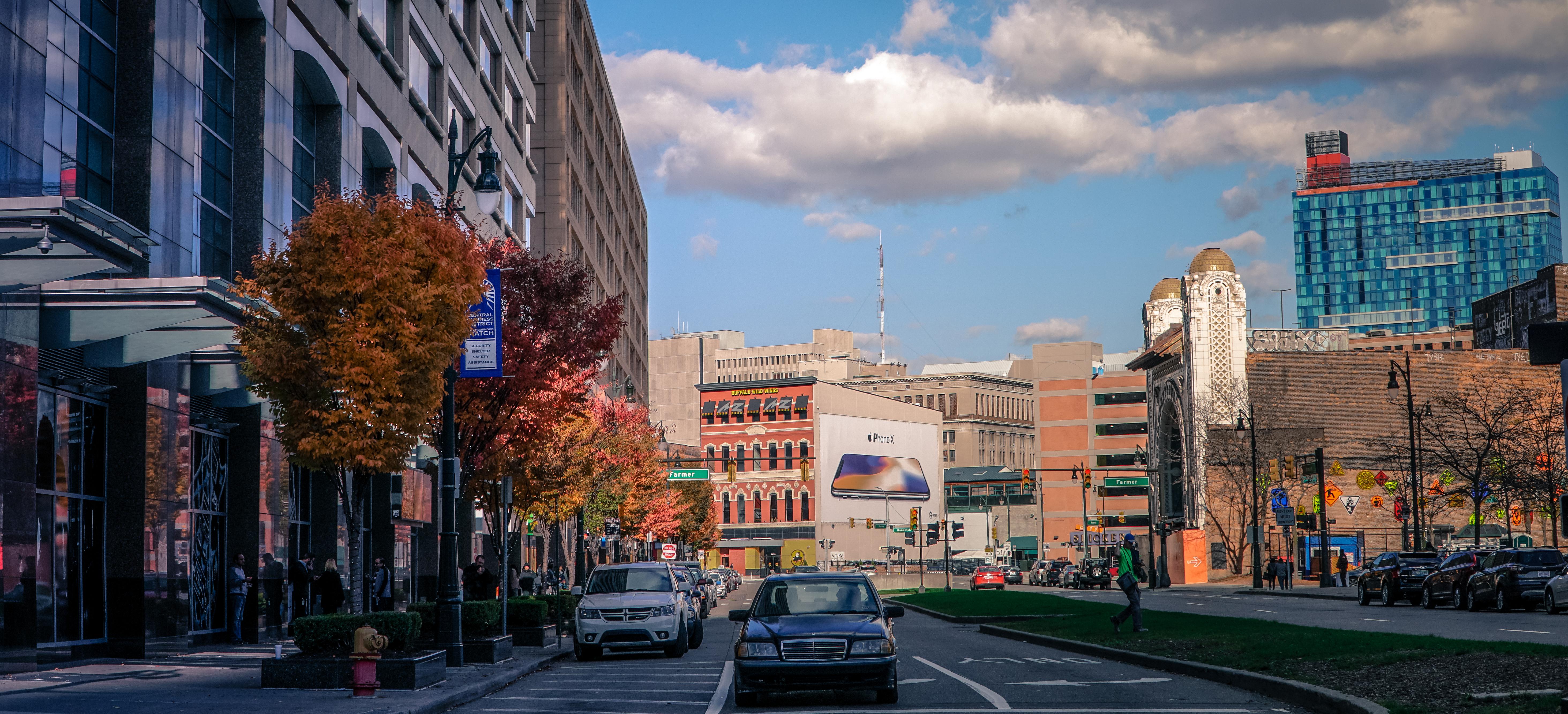 5854x2665 Free of city center, detroit, downtown