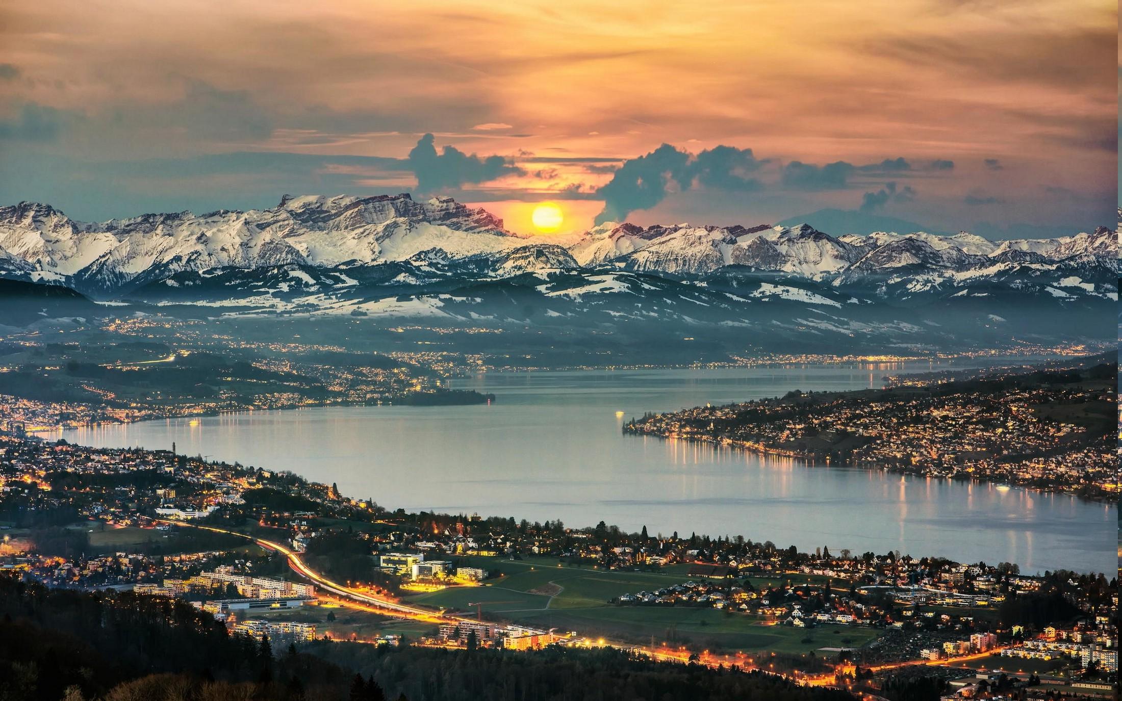 2200x1375 nature, Landscape, Panoramas, Lake, Zurich, Switzerland, Cityscape, Mountain, Snowy Peak, Sunrise, Sky, Clouds, Lights Wallpaper HD / Desktop and Mobile Background