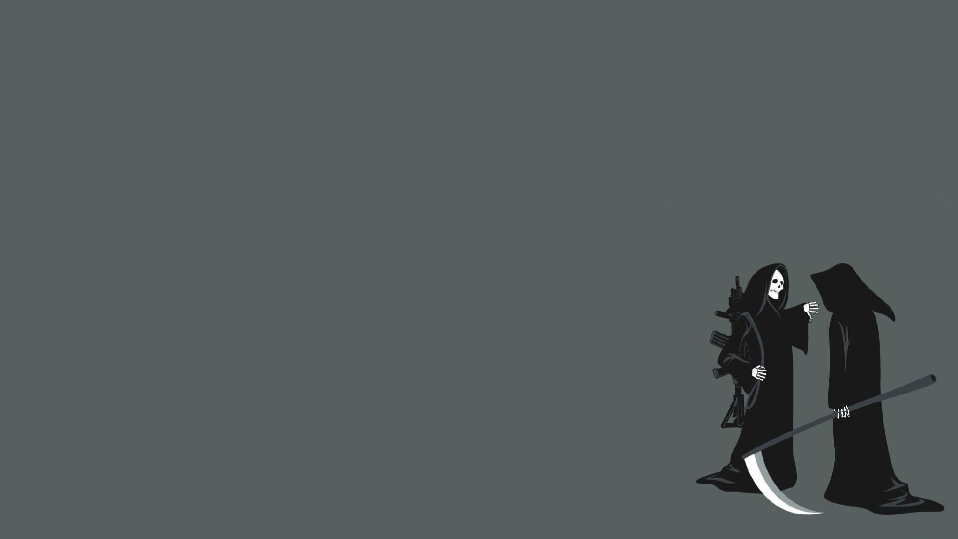 1920x1080 #Grim Reaper, #assault rifle, #cloaks, #minimalism, #scythe, # skeleton, #simple background, wallpaper. Mocah HD Wallpaper