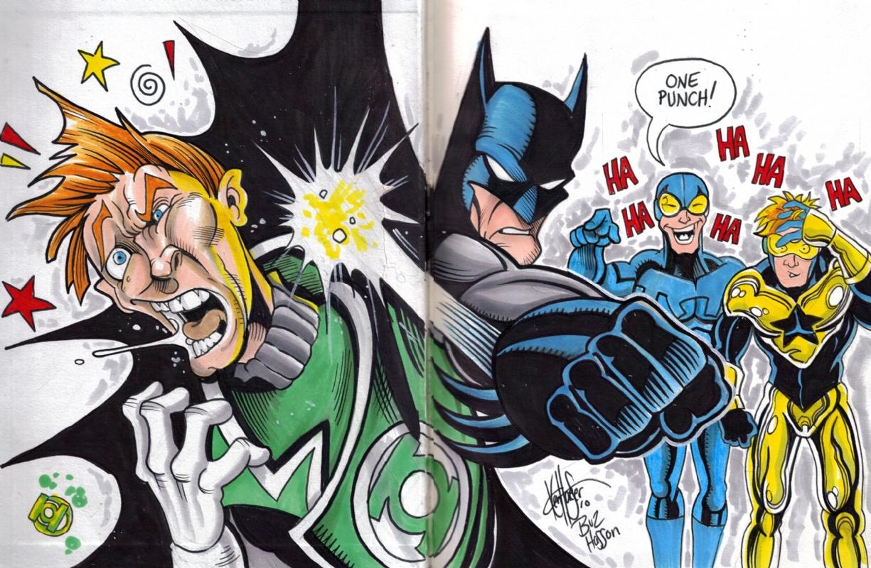 1225x800 Batman vs. Guy Gardner with Blue Beetle & Booster Gold by Ken Haeser & Buz Hasson, in Jeff Smith's Justice League Sketchbook 3 Comic Art Gallery Room