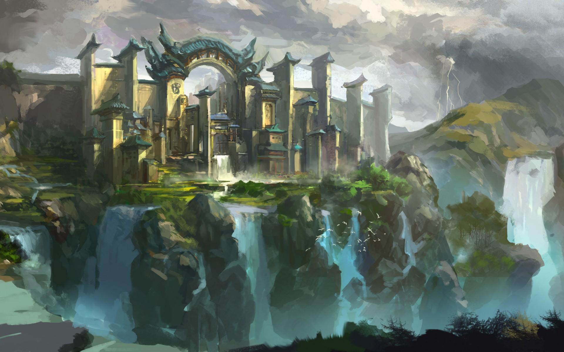 1920x1200 art, Landscape, City, Castle, Cliffs, Waterfalls, Birds, Fantasy Wallpaper HD / Desktop and Mobile Background